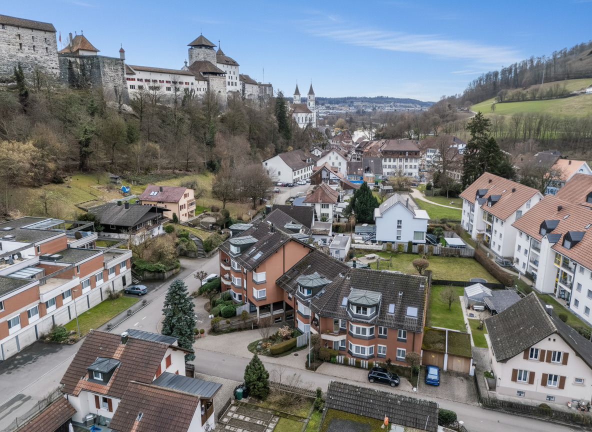 Städtische Luftaufnahme mit historischem Schloss und Wohngebiet