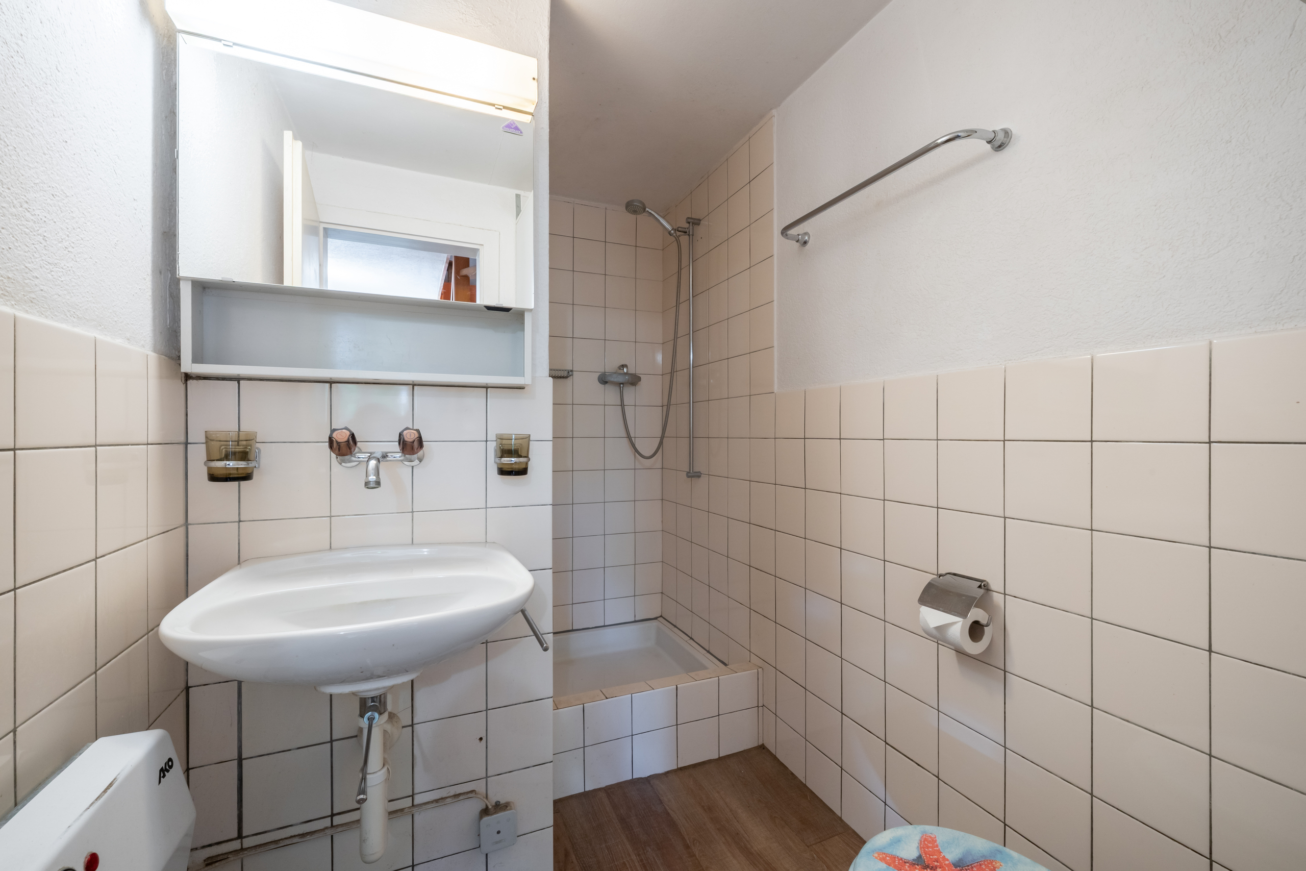 Kleines Badezimmer mit Dusche und Waschbecken