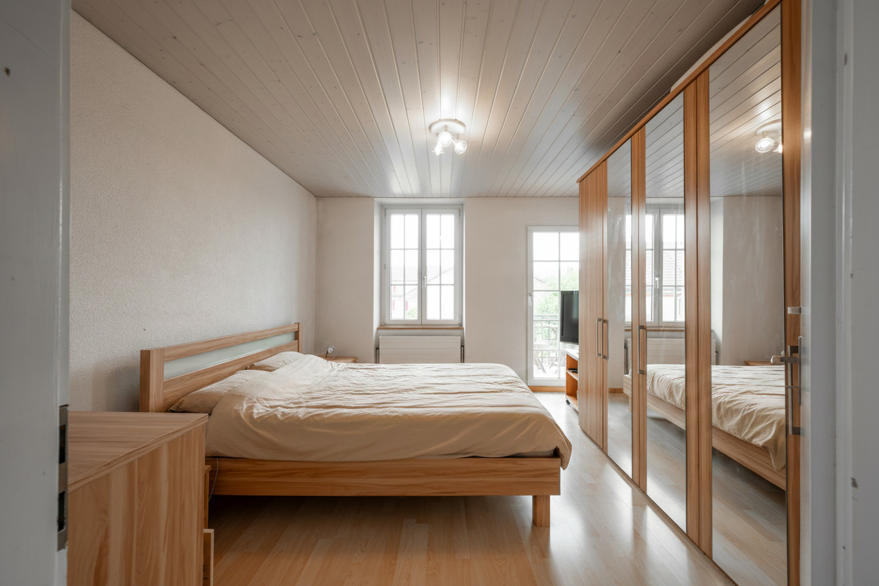 Helles Schlafzimmer mit Holzmöbeln und Kleiderschrank