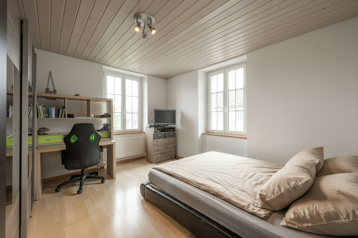 Helles Schlafzimmer mit Arbeitsbereich