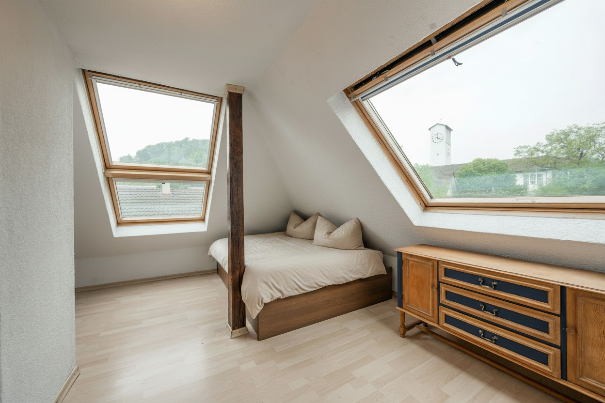 Dachzimmer mit Bett und Dachfenstern
