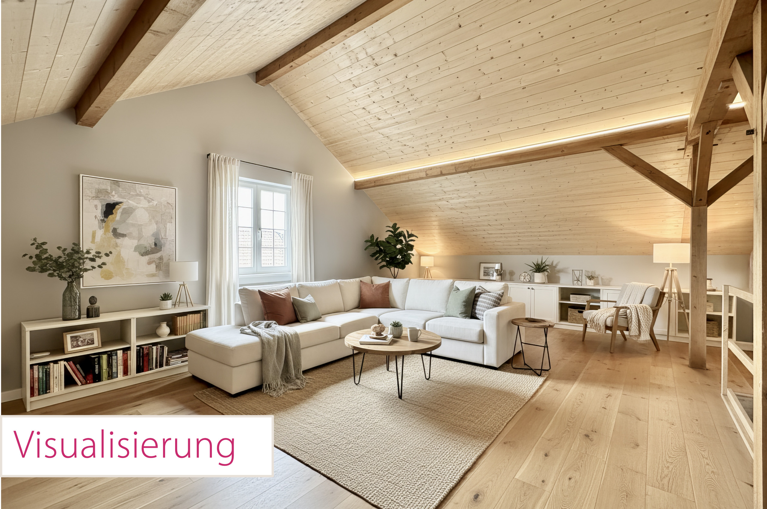 Gemütliches Dachgeschoss-Wohnzimmer mit sichtbaren Holzbalken