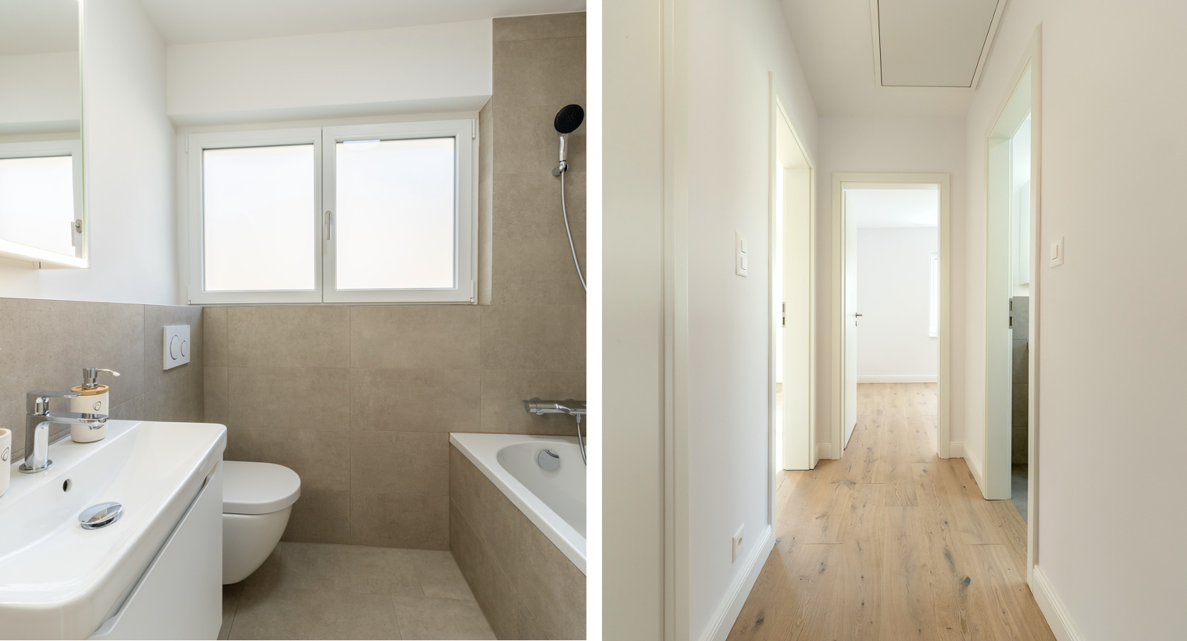 Badezimmer und Flur in einer modernen Wohnung