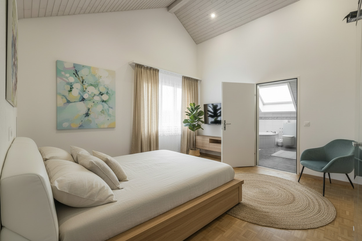 Helles Schlafzimmer mit angrenzendem Bad