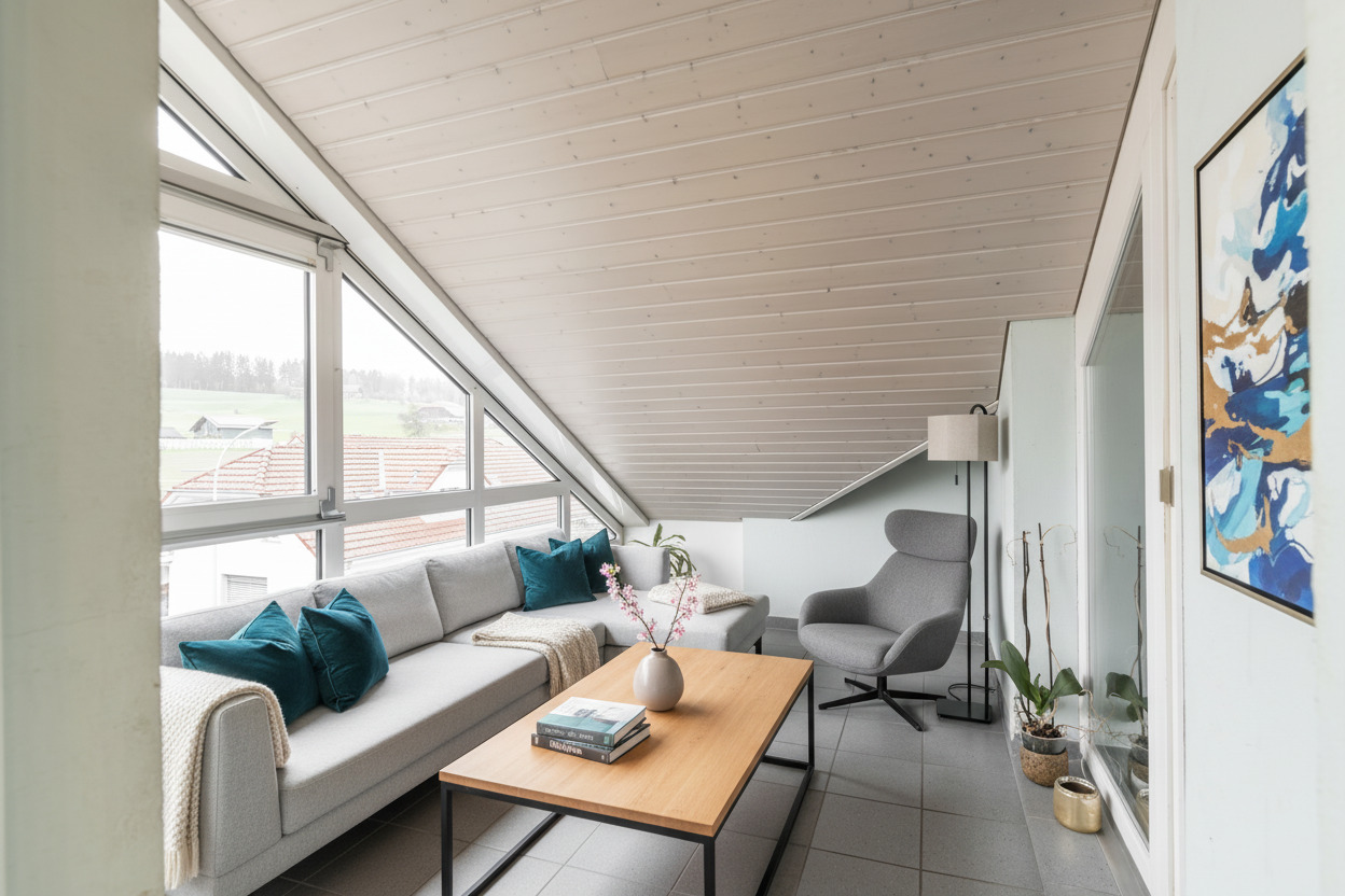 Gemütliche Dachgeschoss-Lounge mit Panoramafenstern