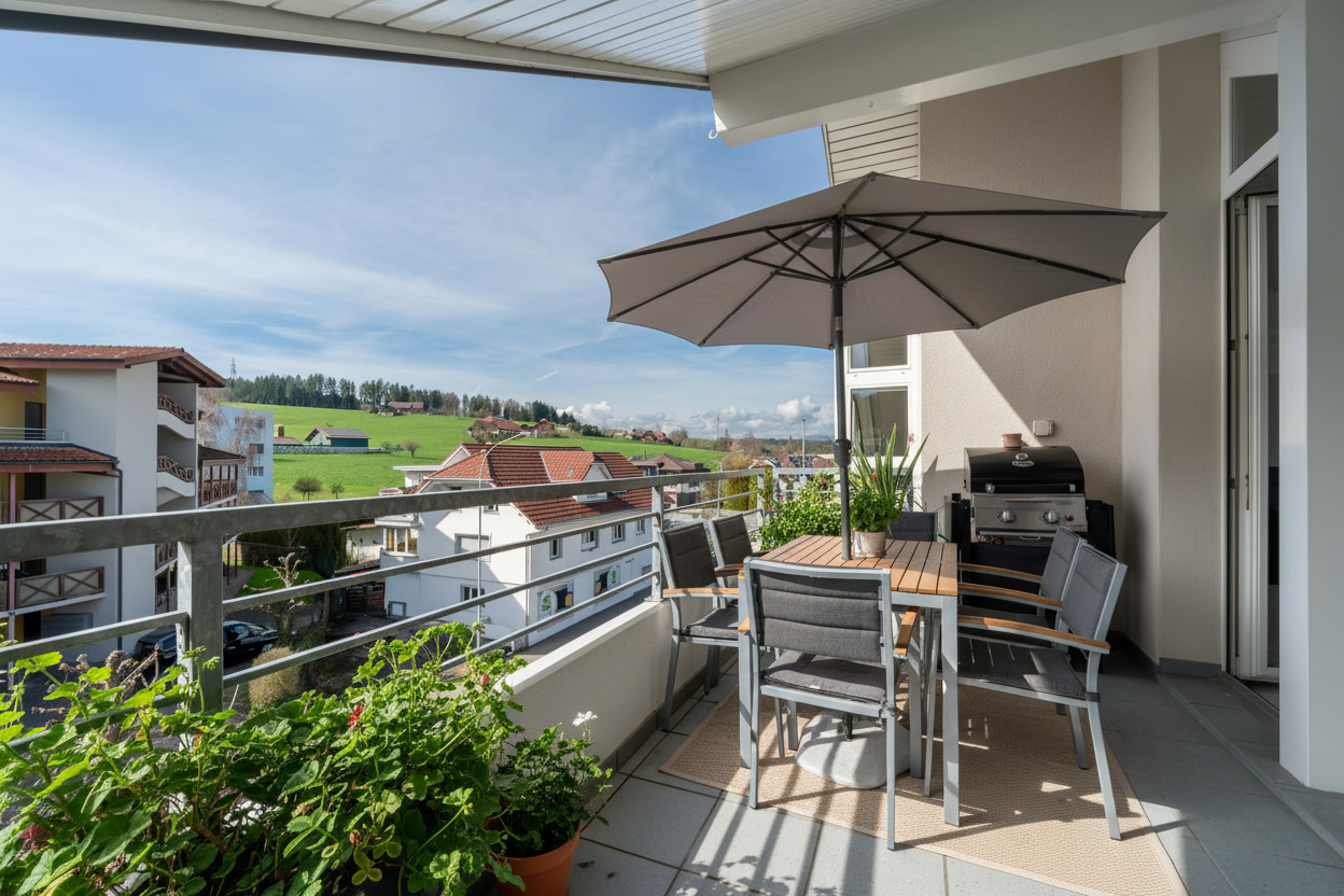 Balkon mit Sitzgruppe und Grill