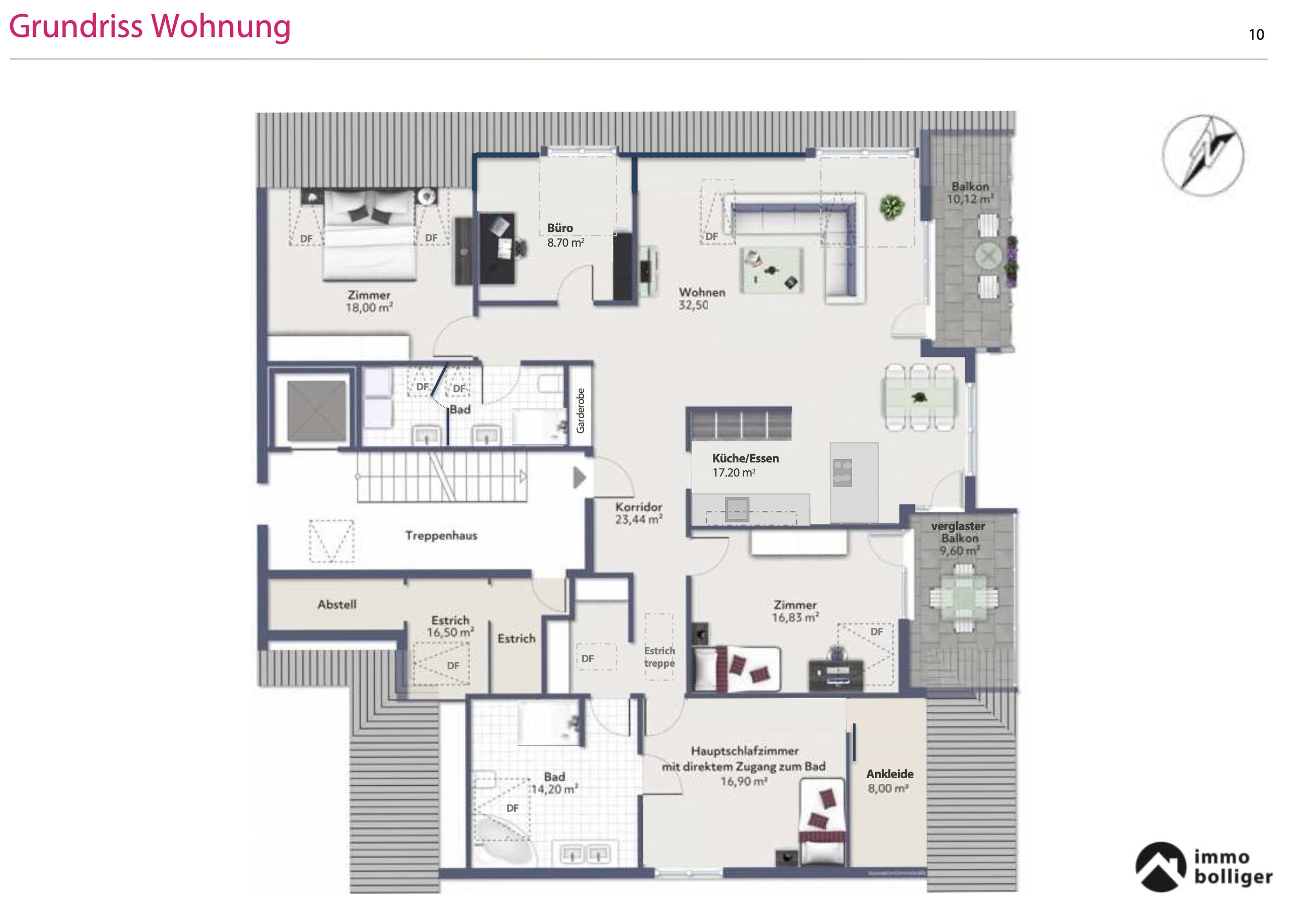 Wohnungsgrundriss mit Dachgeschoss, Balkonen und mehreren Zimmern