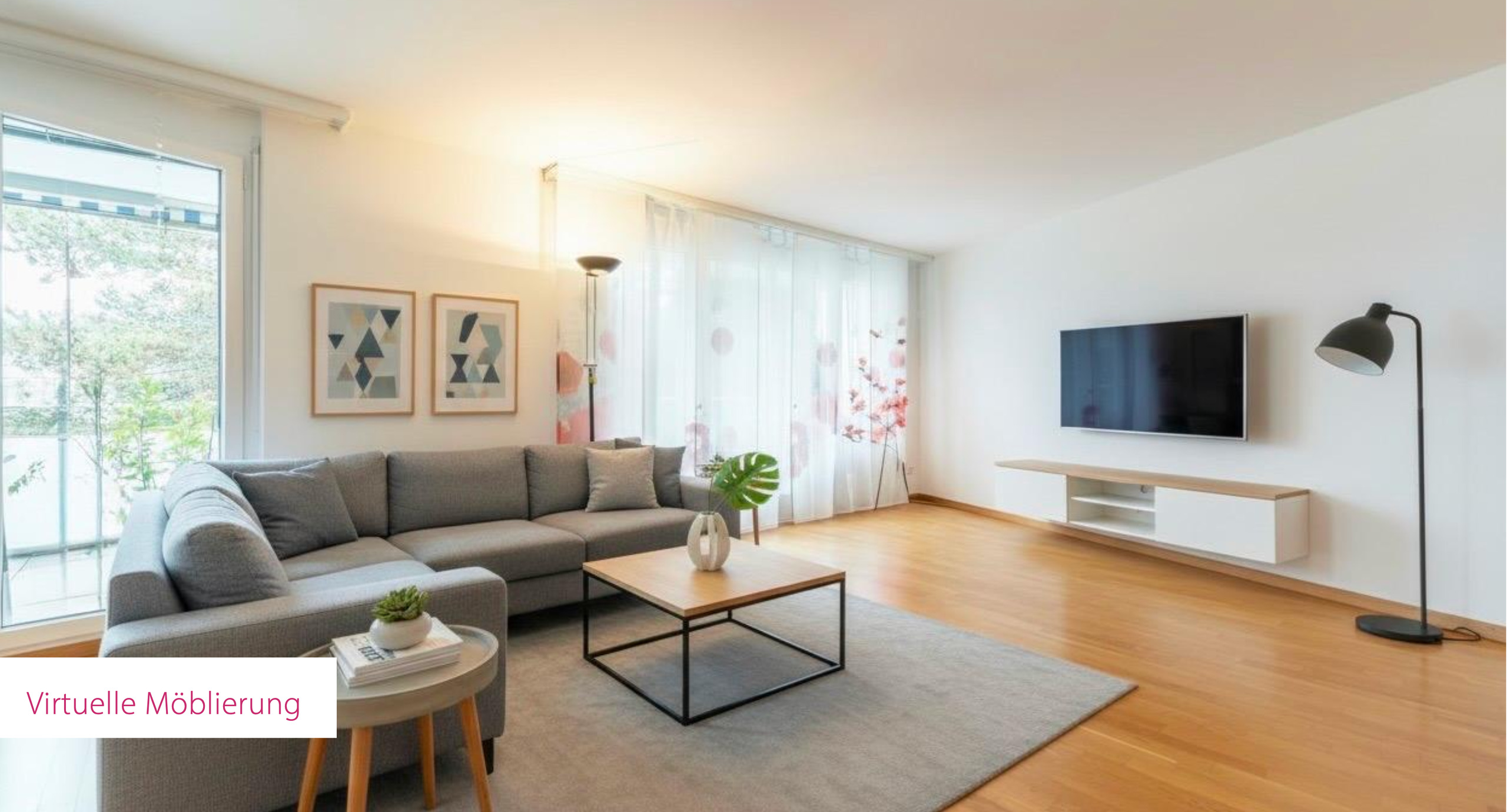 Helles, modern eingerichtetes Wohnzimmer mit virtueller Möblierung