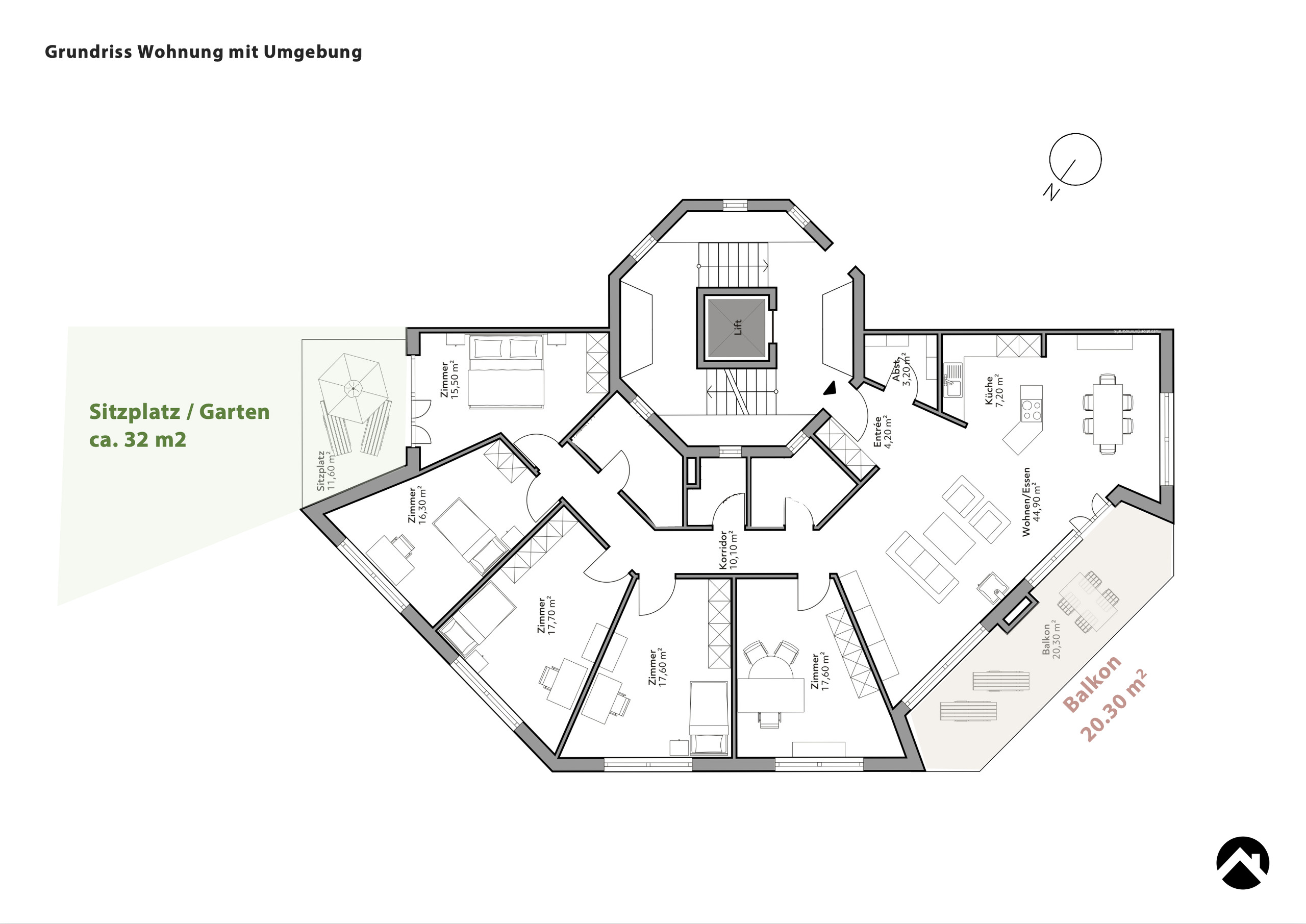 Grundriss einer Wohnung mit Balkon und Gartenbereich