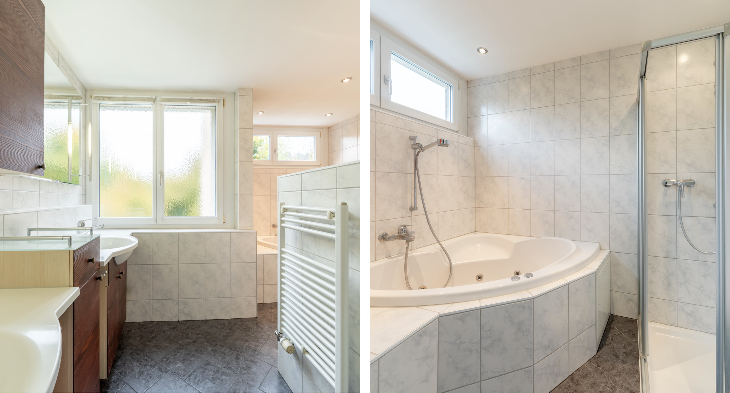 Helles Badezimmer mit Wanne und Dusche