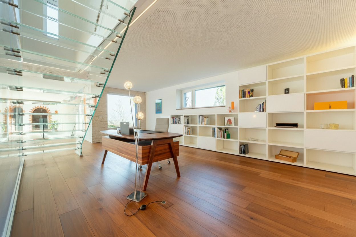 Modernes Arbeitszimmer mit Glas-Skulpturentreppe