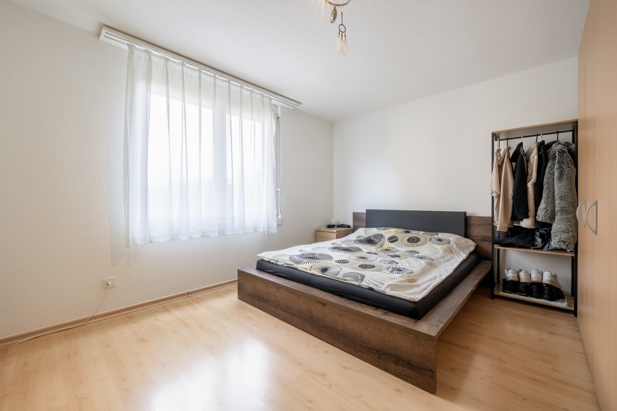 Helles Schlafzimmer mit Holzoptik-Bett und Kleiderständer
