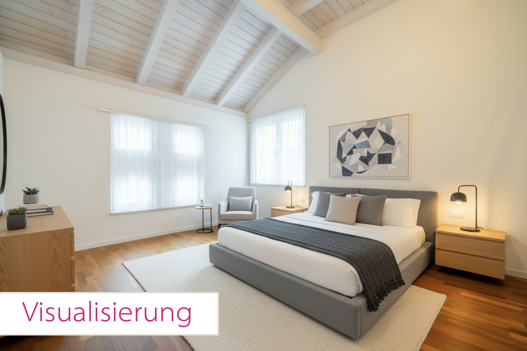Helles Schlafzimmer mit sichtbaren Dachbalken