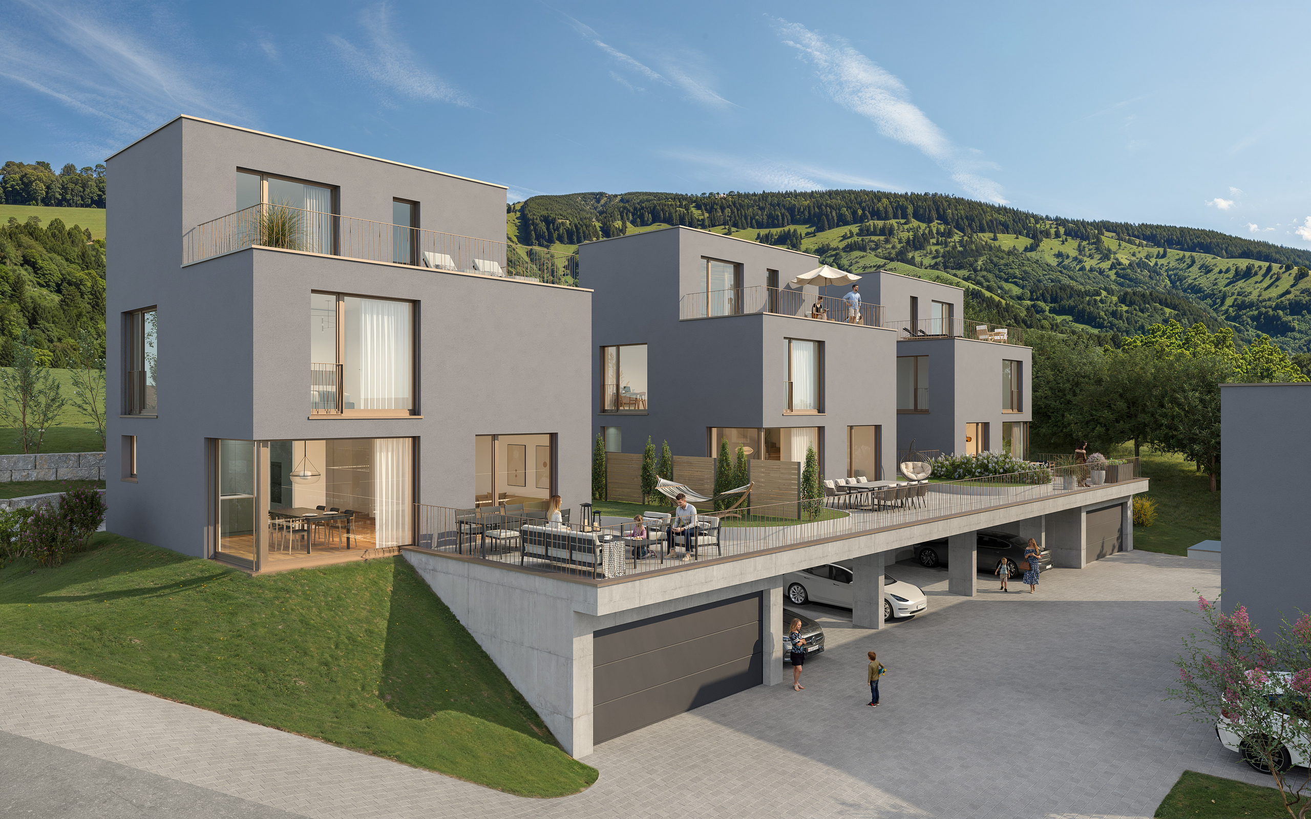 Moderne Wohnanlage mit Terrassen und Garagen