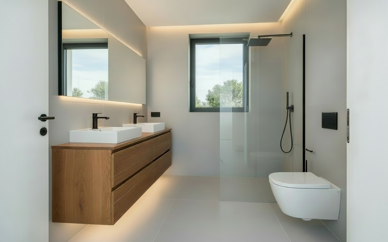 Modernes Badezimmer mit Holzwaschtisch und Glasdusche