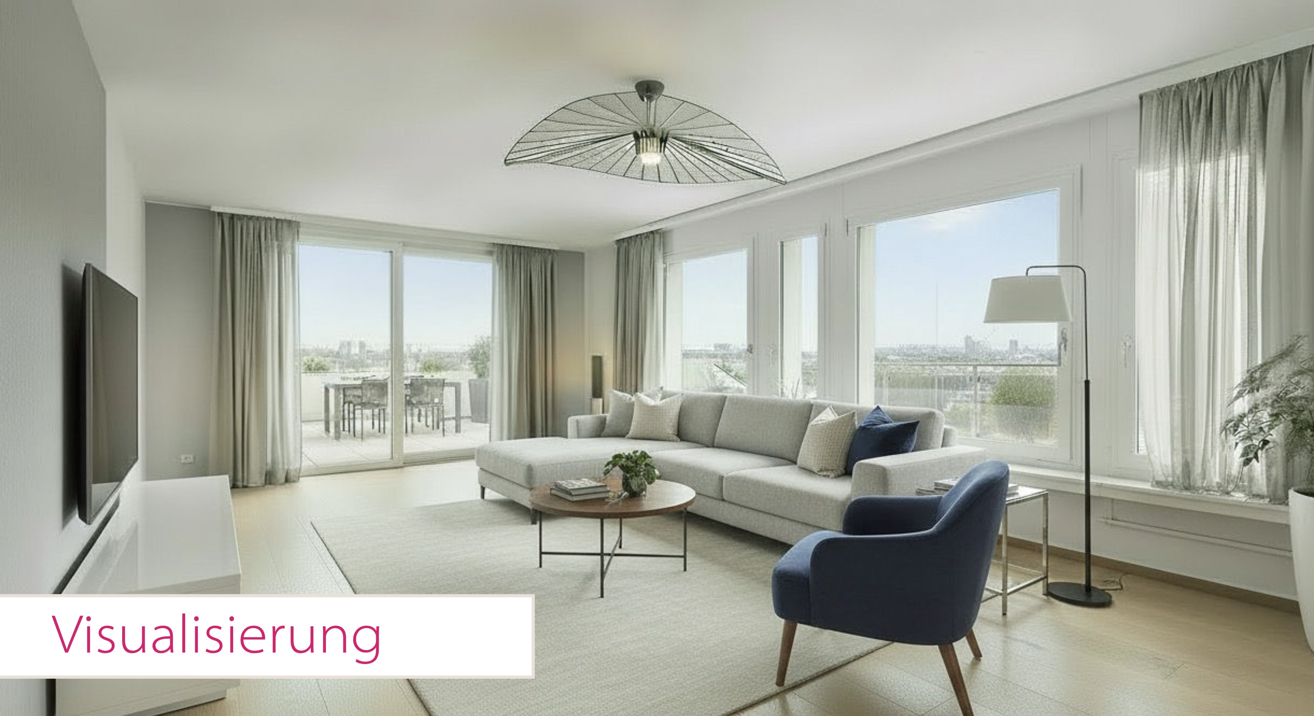Helles, modernes Wohnzimmer mit Balkonblick