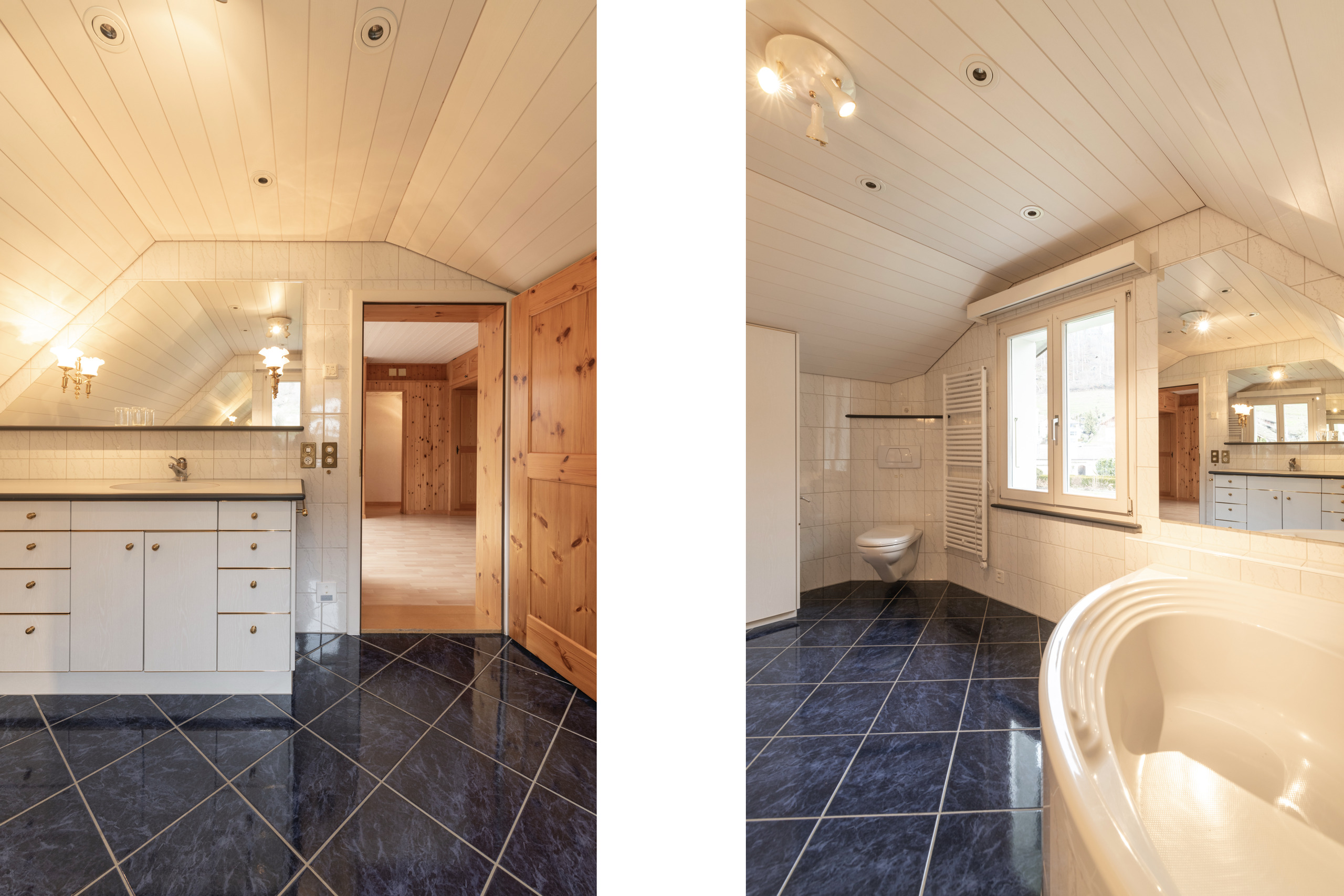 Badezimmer mit Dachschräge und Holzdetails