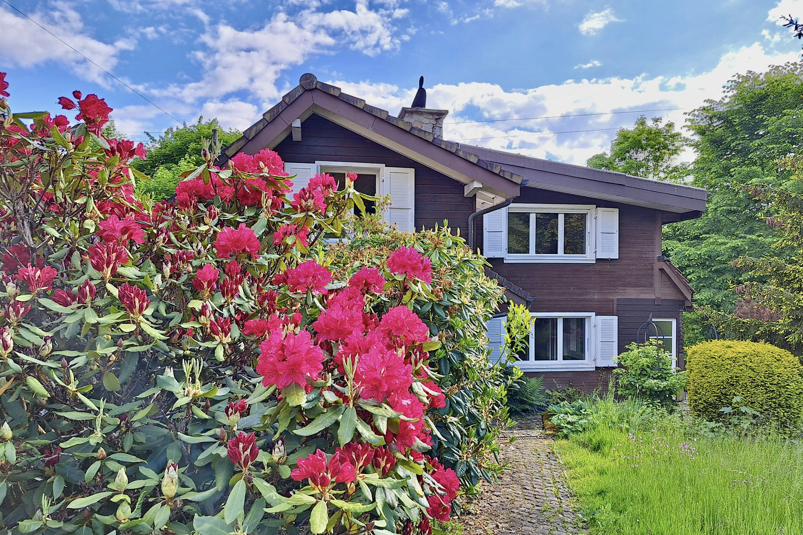 Wohnhaus mit Garten und blühenden Sträuchern