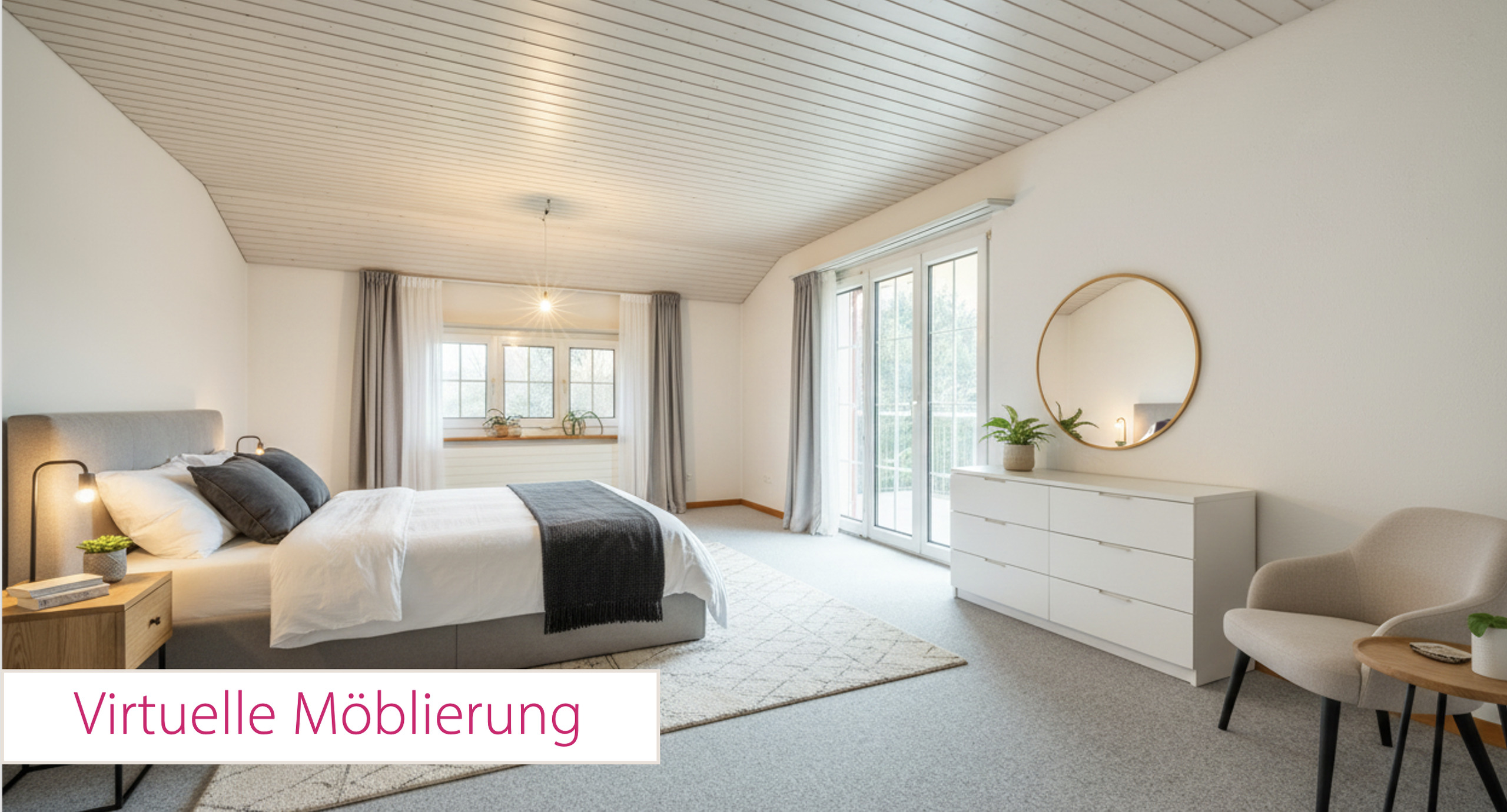 Helles Schlafzimmer mit virtueller Möblierung