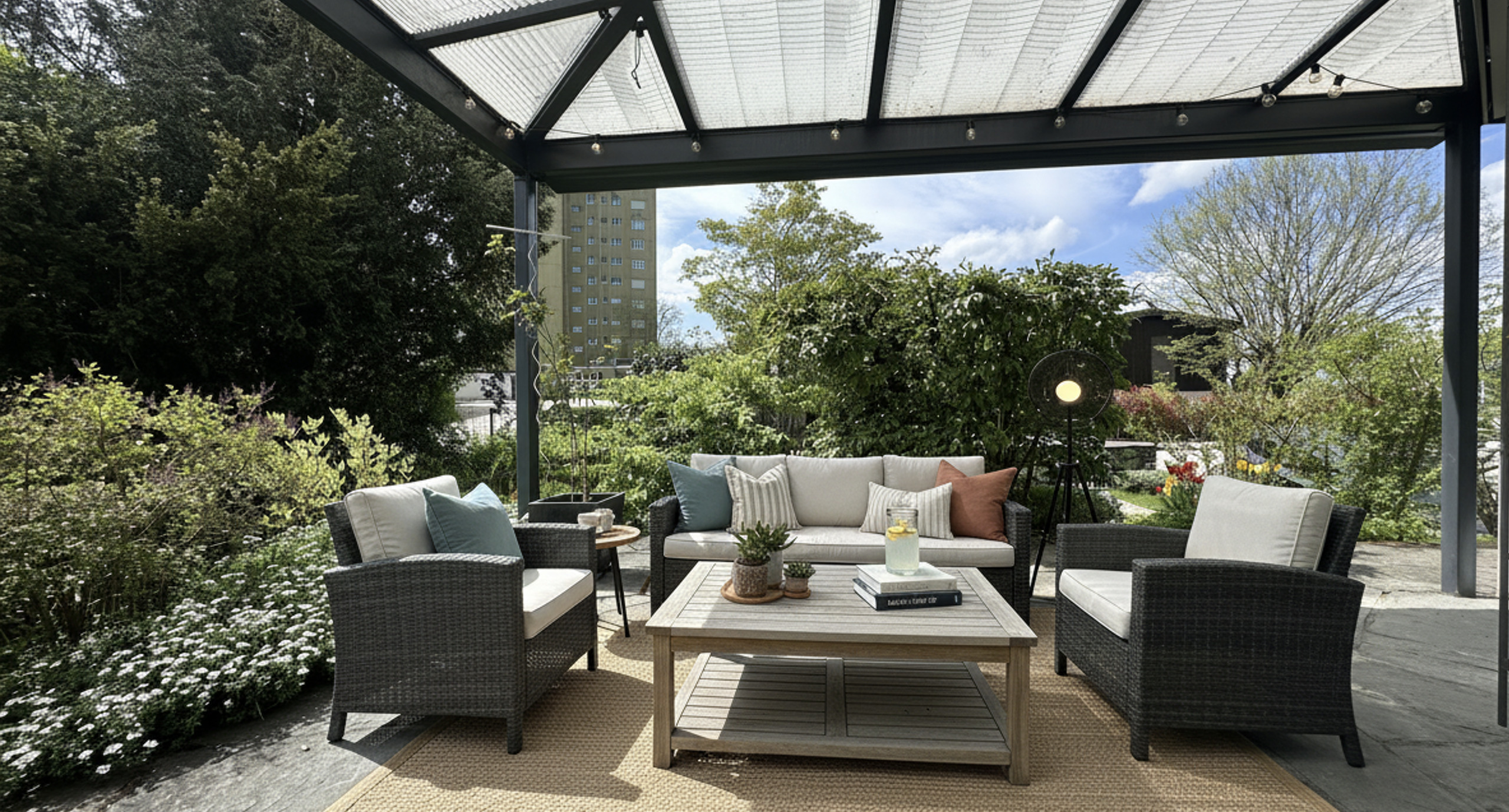 Überdachte Gartenlounge mit Sitzgruppe