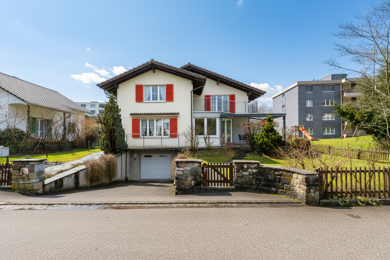 Wohnhaus mit Garten und Garagenzufahrt