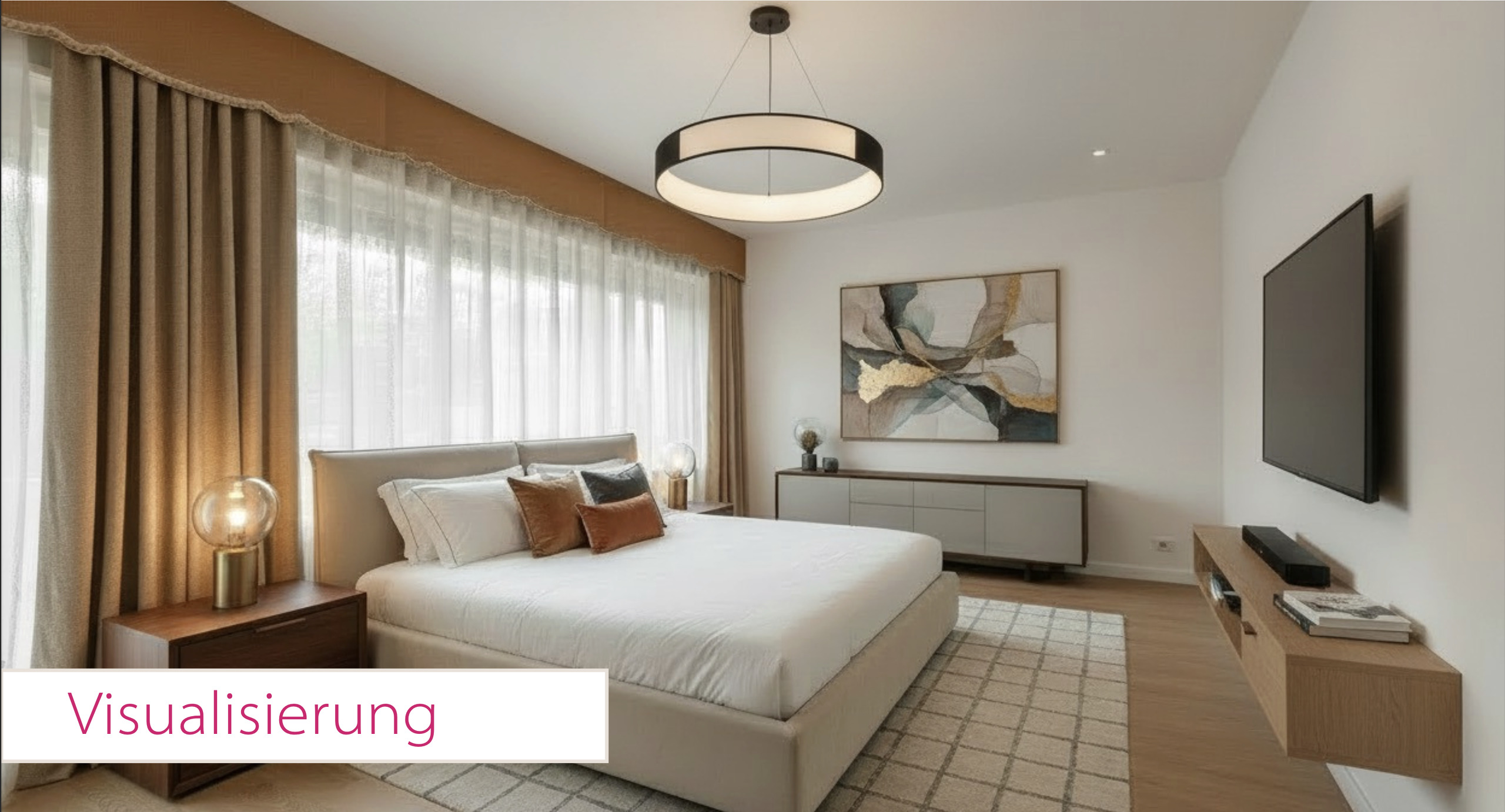 Modernes Schlafzimmer mit neutraler, warmer Einrichtung