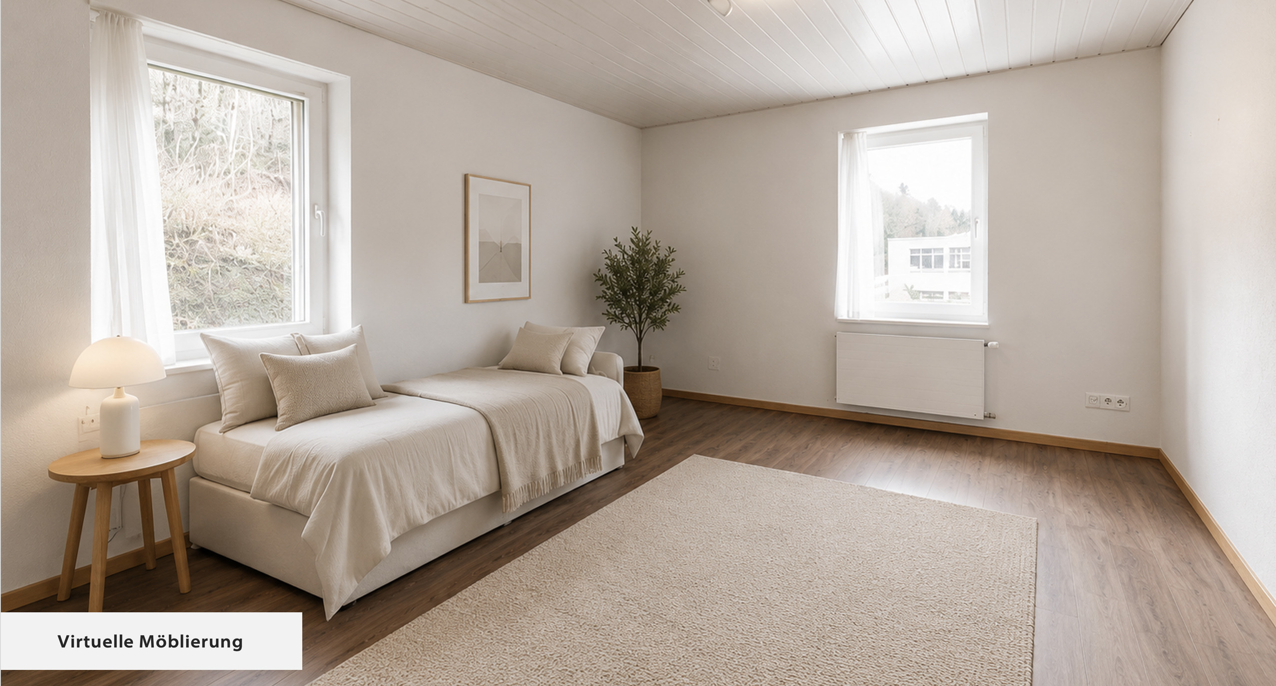 Helles Schlafzimmer mit virtueller Möblierung