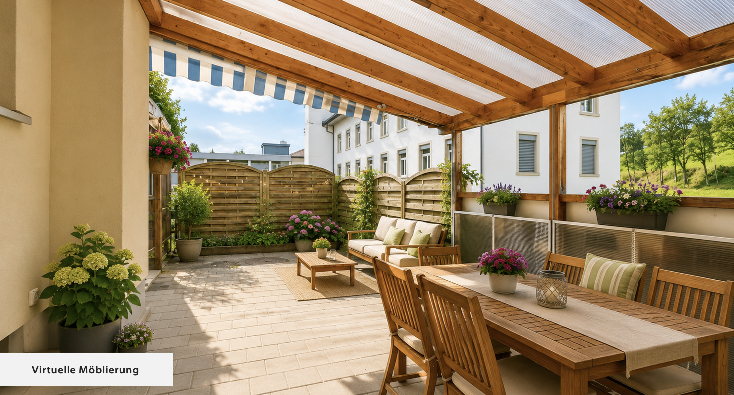 Überdachte Terrasse mit Gartenmöbeln