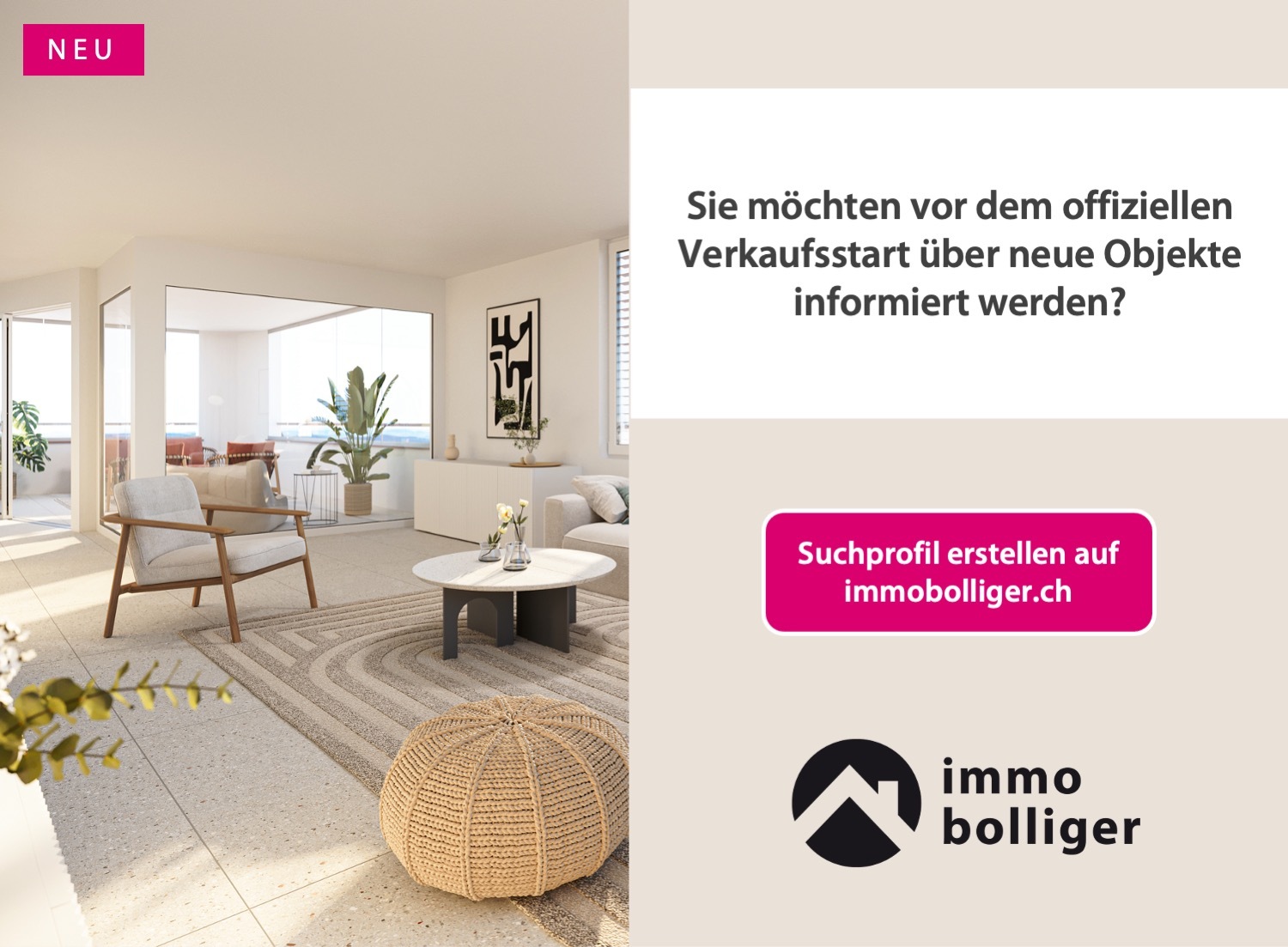 Helles, modernes Wohninterieur mit Staging und Werbeoverlay