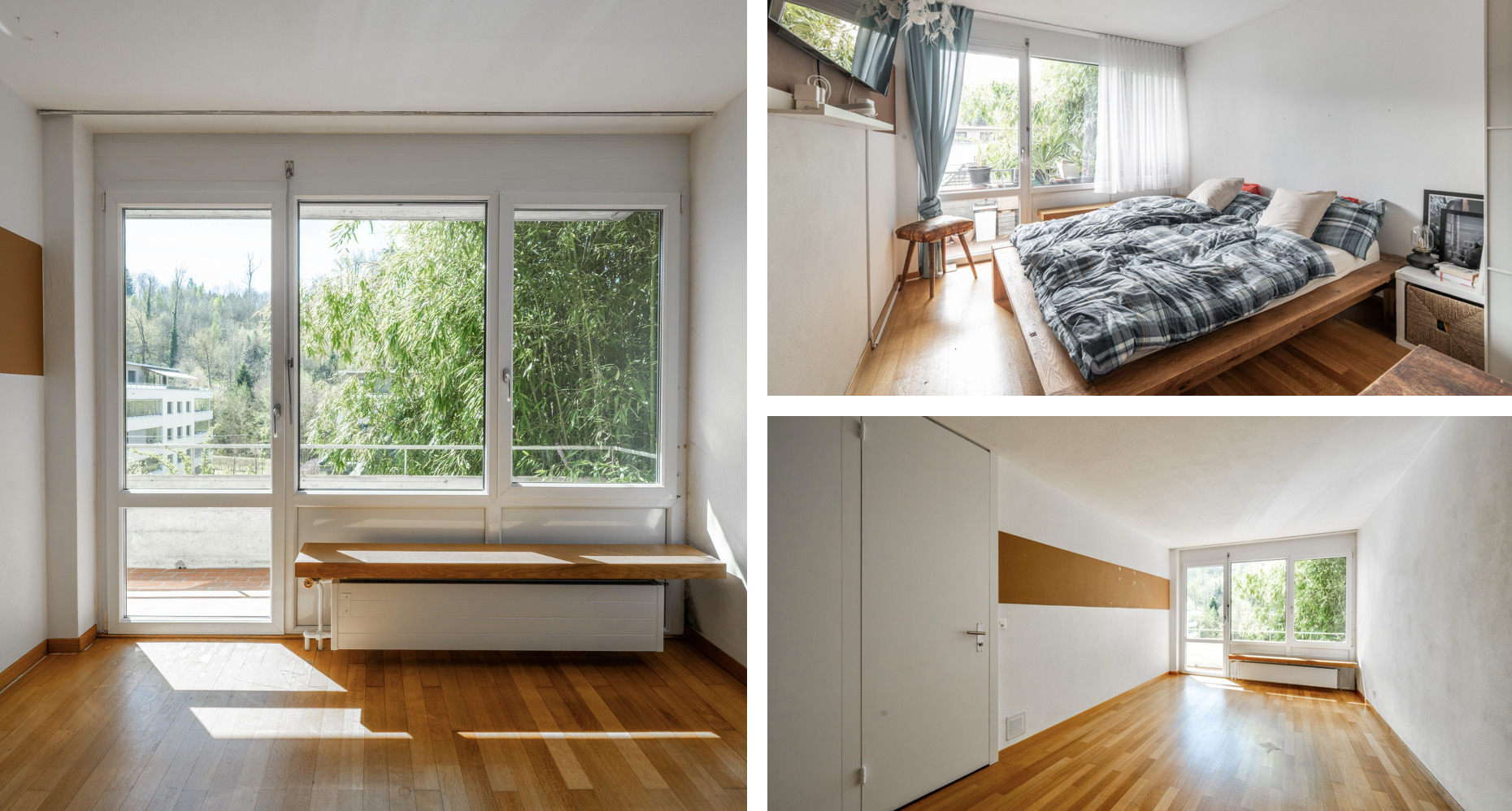 Helles Schlafzimmer mit großem Fenster und Holzfußboden