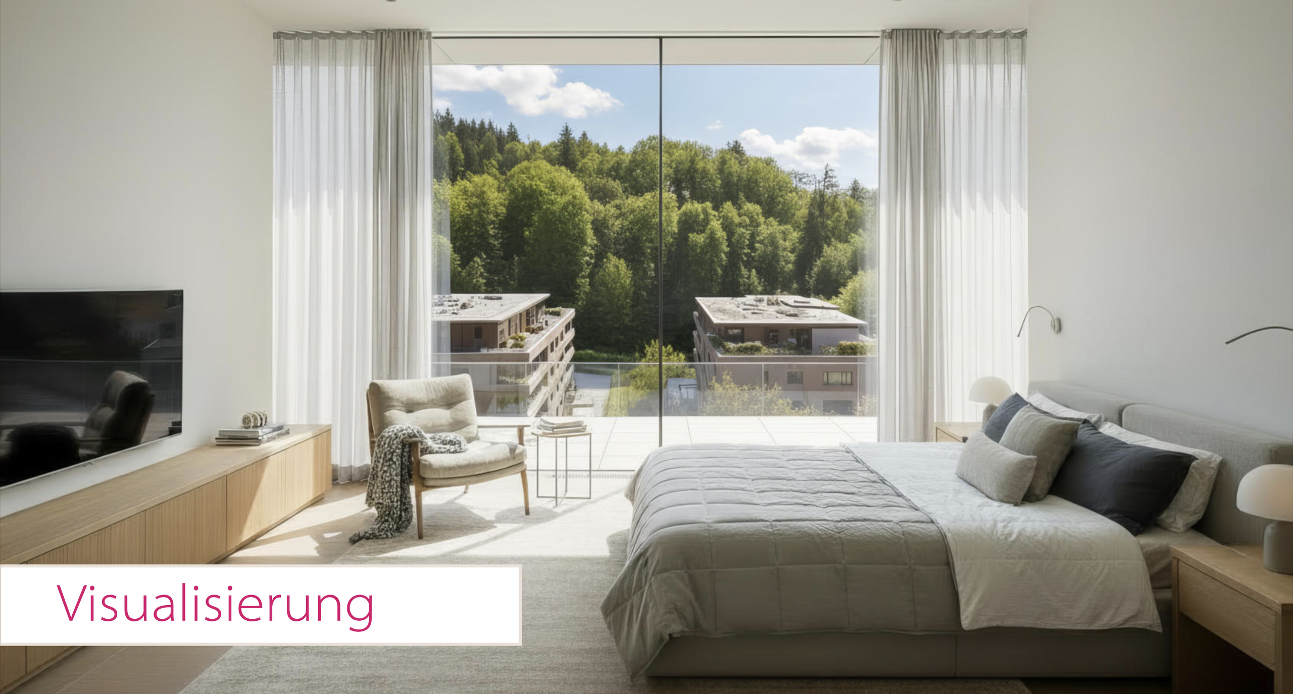 Modernes Schlafzimmer mit Panoramablick