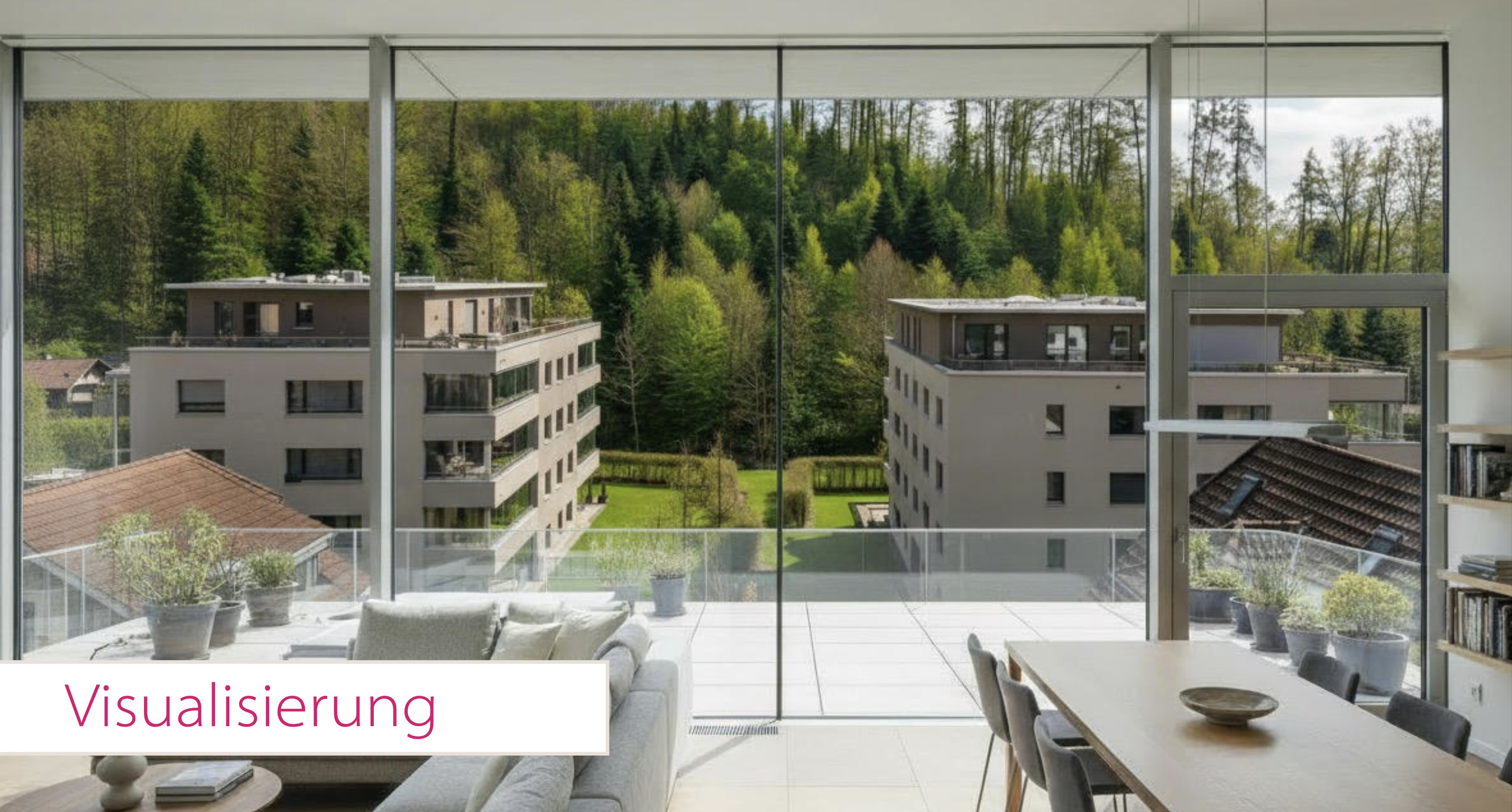 Wohnraum mit Panoramafenstern und Balkonblick