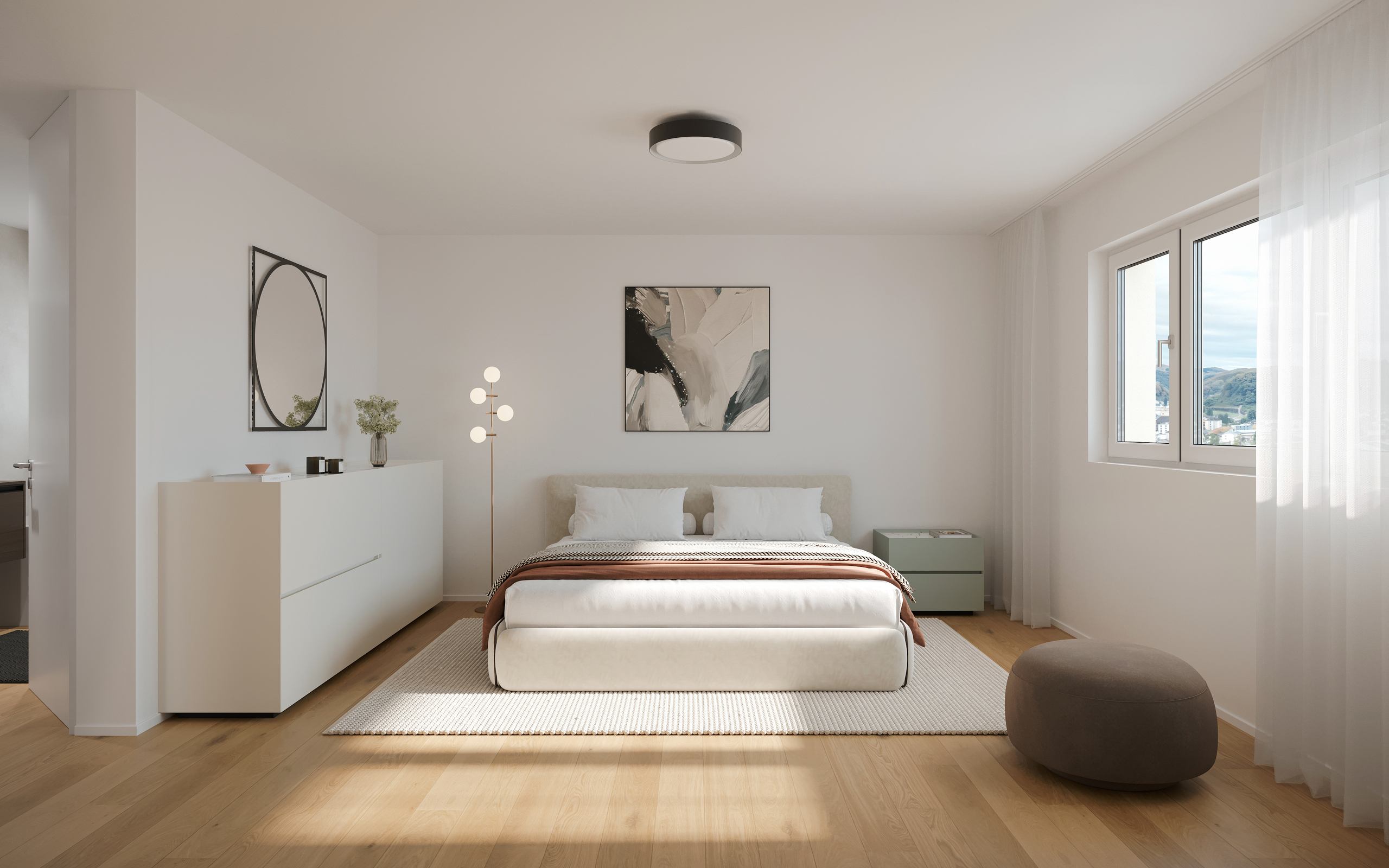 Helles, minimalistisch eingerichtetes Schlafzimmer mit Blick ins Tal