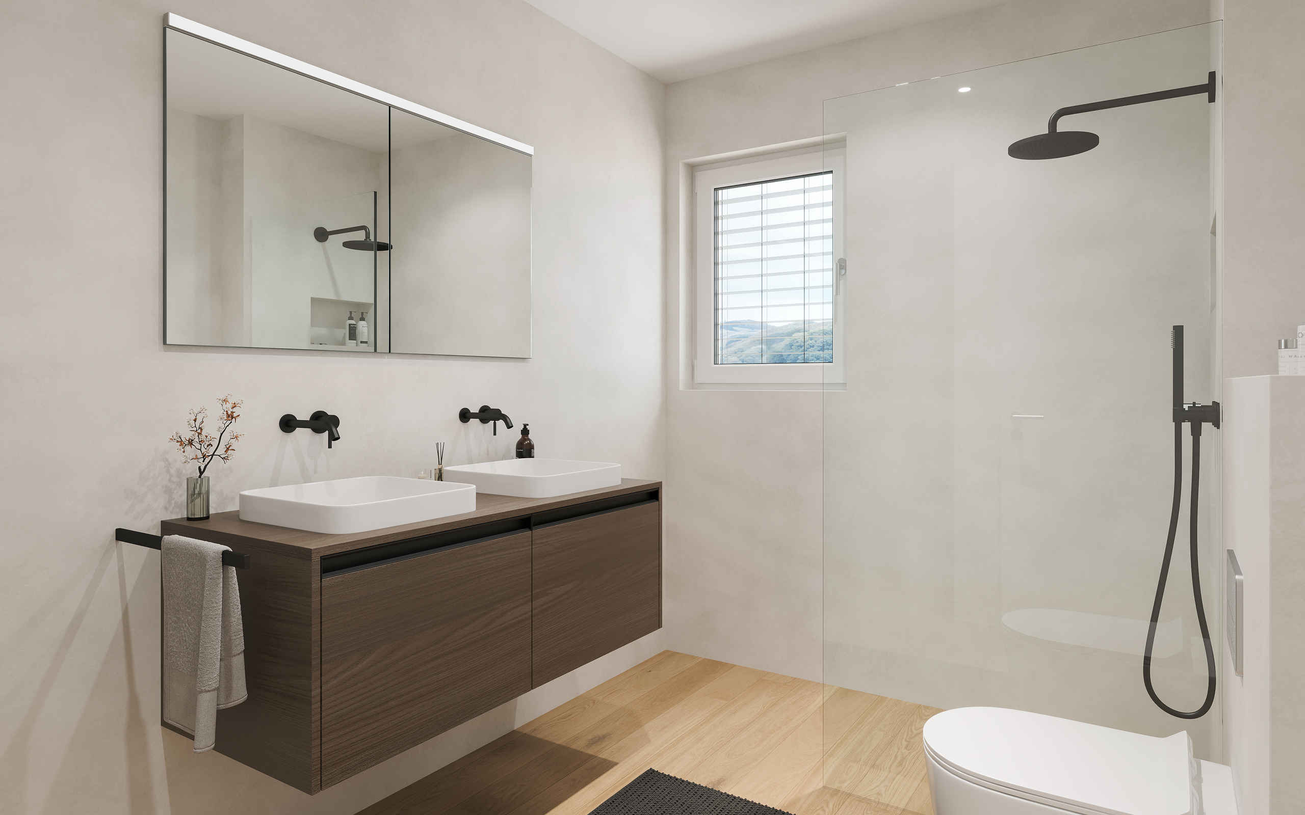 Modernes Badezimmer mit Doppelwaschtisch und Walk-in-Dusche