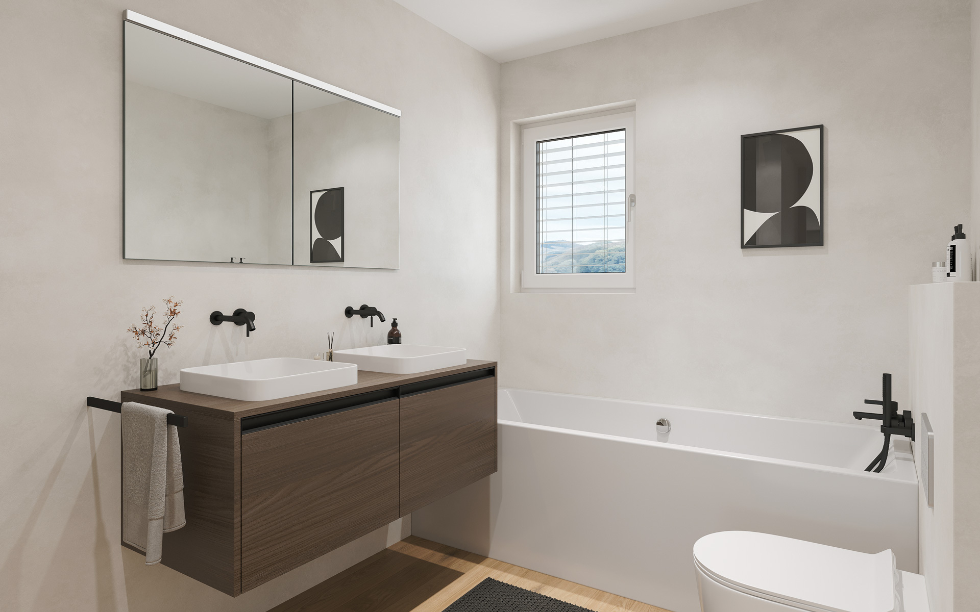 Modernes Badezimmer mit Doppelwaschtisch und Badewanne