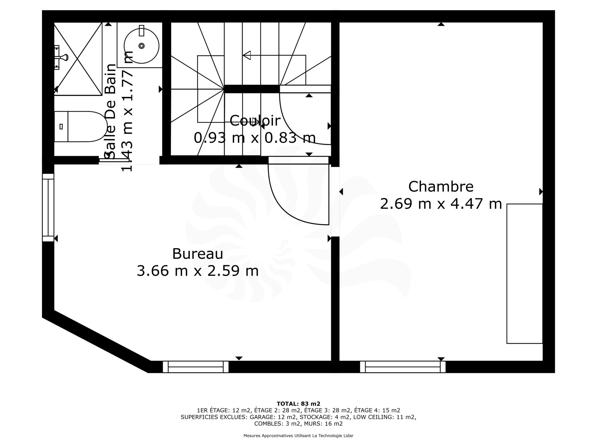Grundriss mit Büro, Schlafzimmer, Bad und Flur