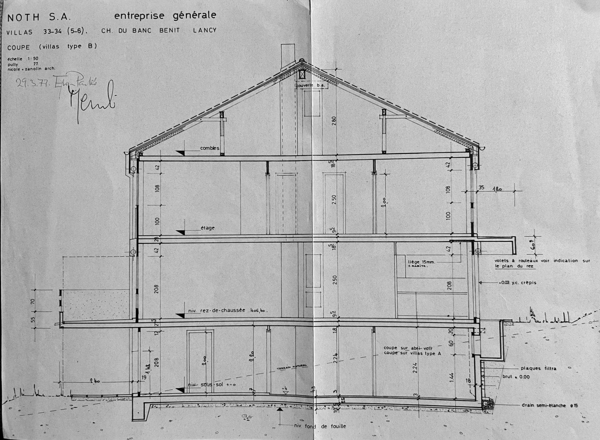 Historischer Architektur-Grundrisschnitt einer Villa