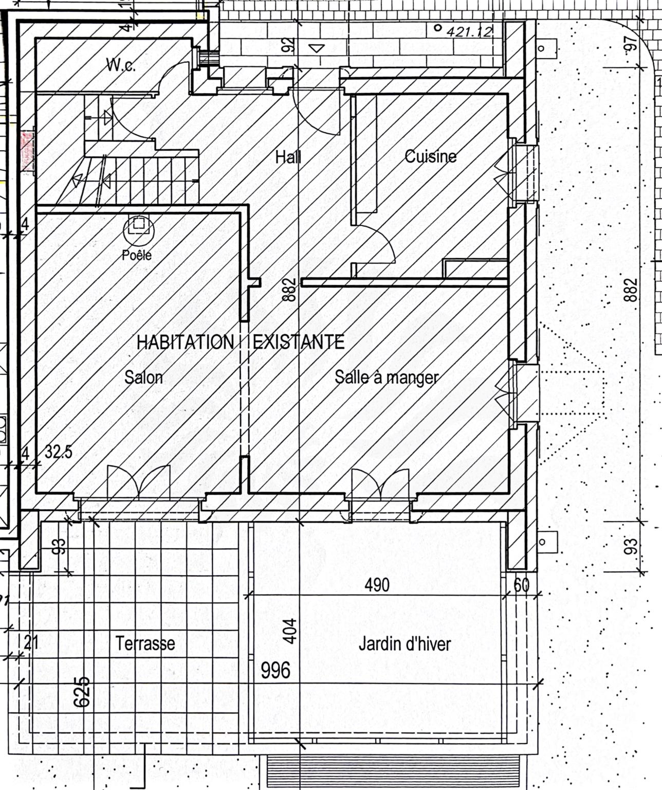Grundriss eines Wohnbereichs mit Terrasse und Wintergarten