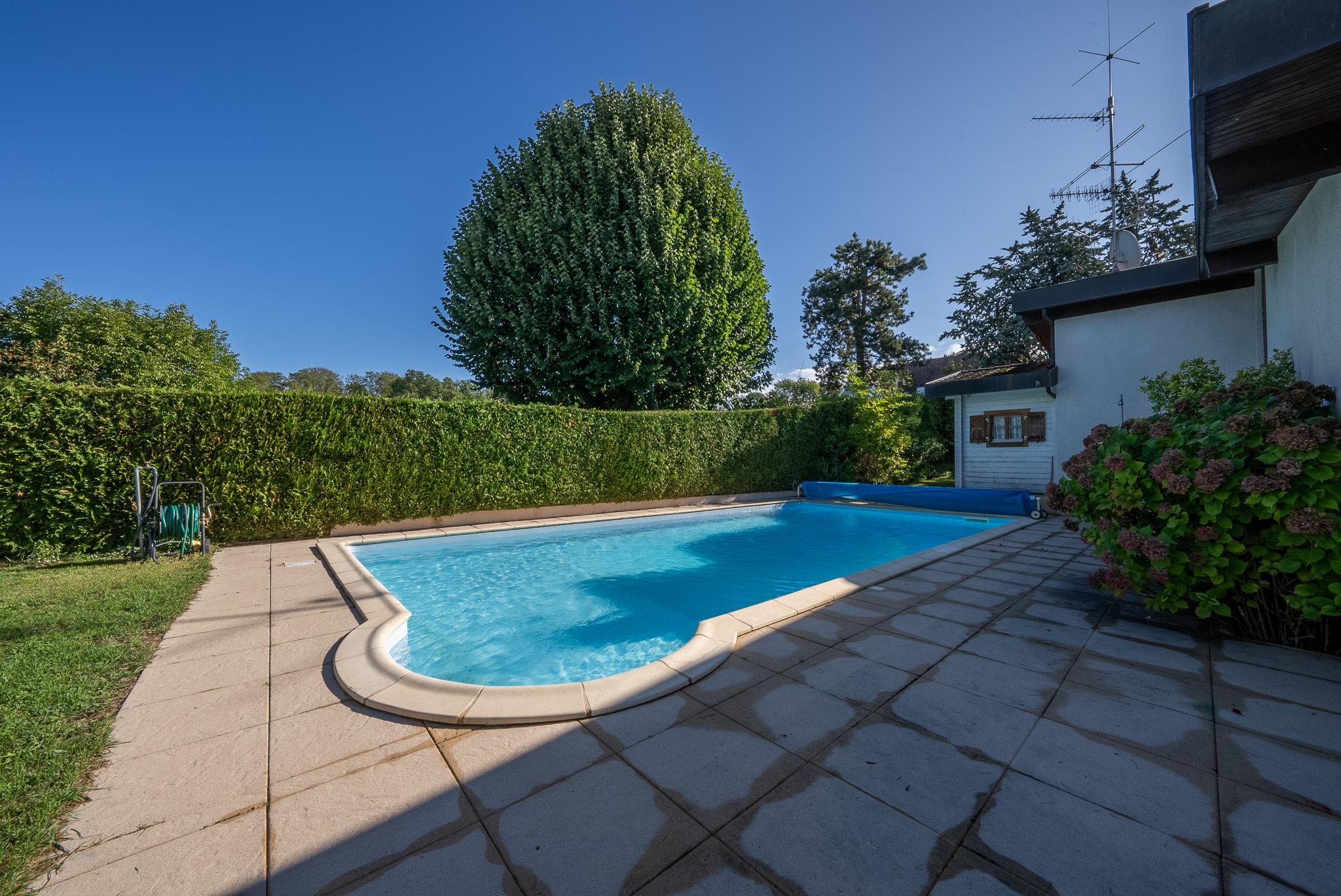 Außenbereich mit Pool und Garten