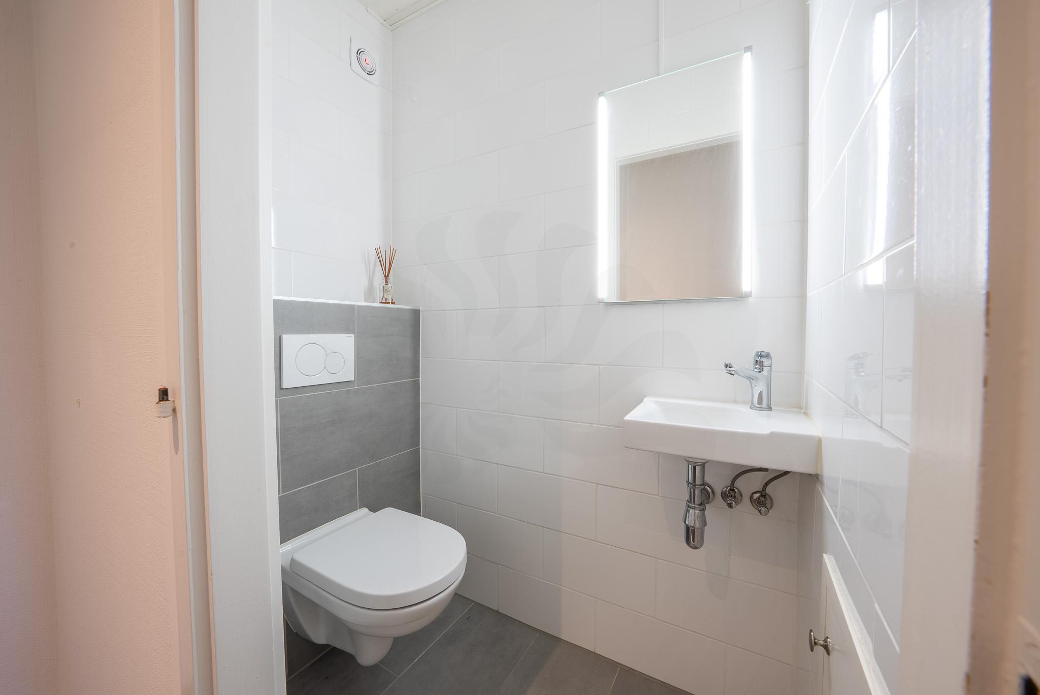 Modernes Gäste-WC mit Wandtoilette und Handwaschbecken