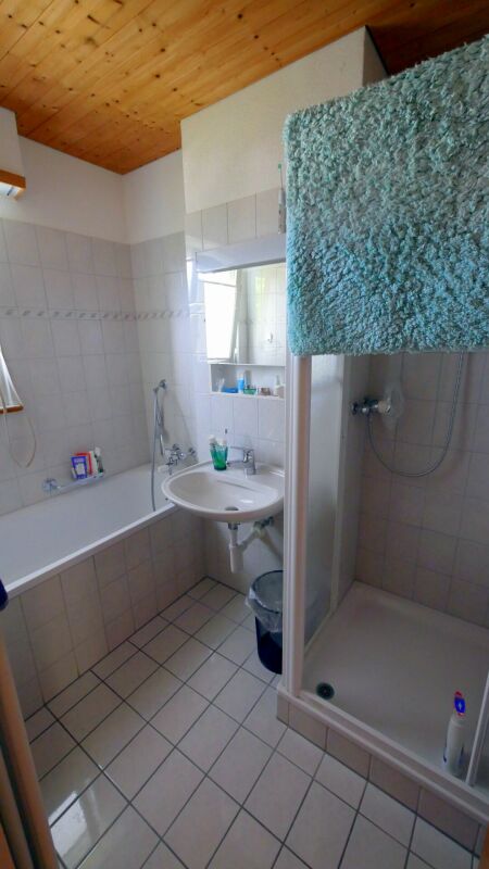 Badezimmer mit Badewanne und Duschkabine