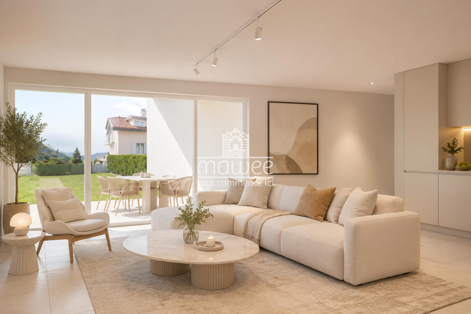 Helles, minimalistisches Wohnzimmer mit Blick in den Garten