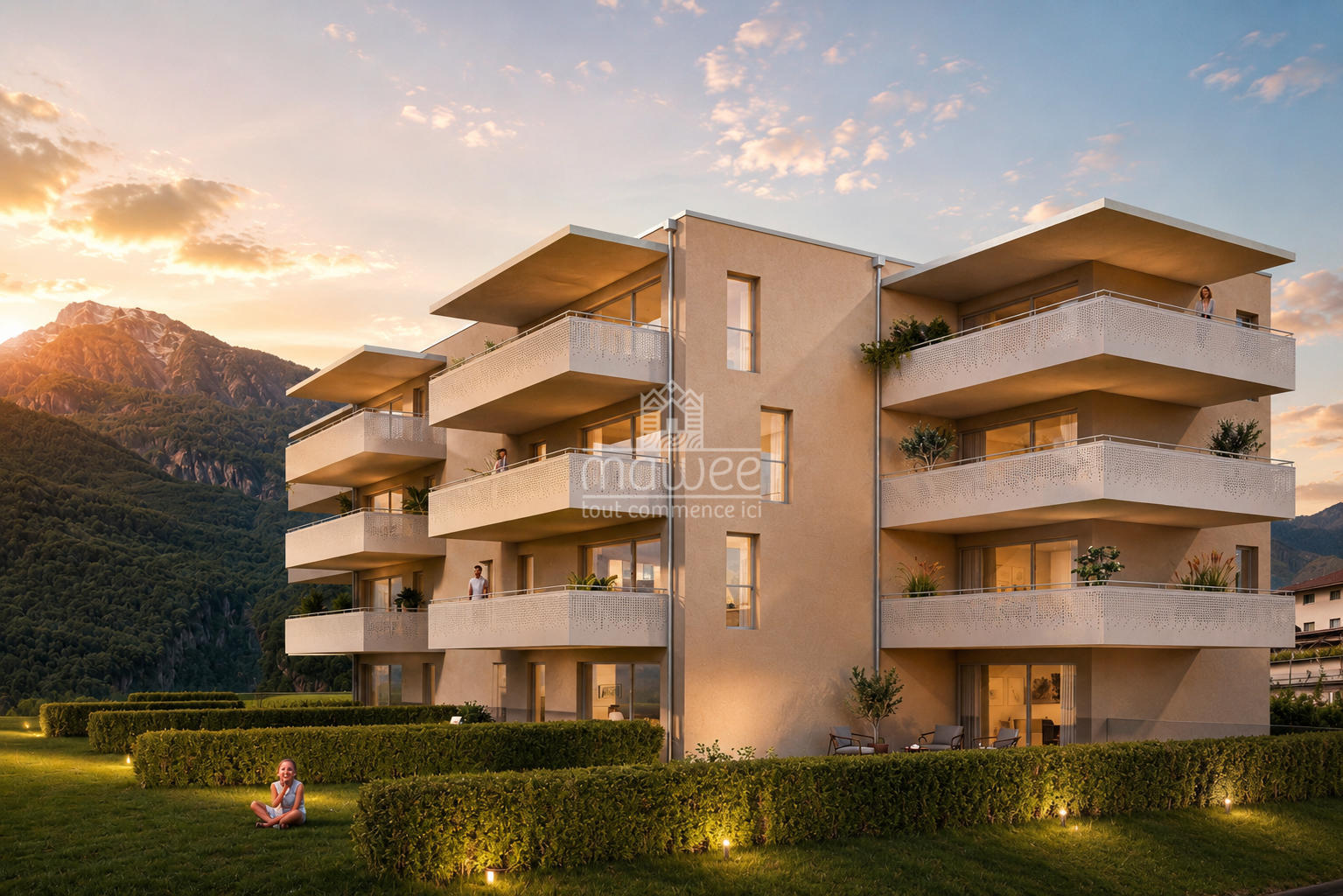 Moderne Wohnanlage mit Balkonen bei Sonnenuntergang