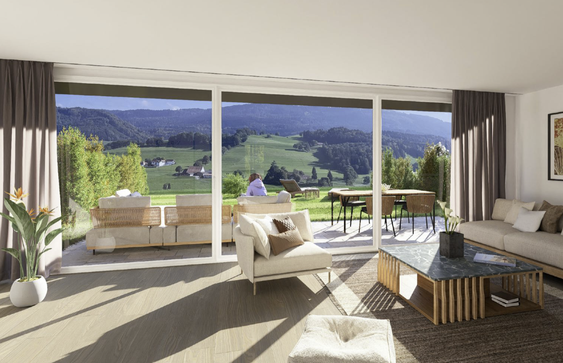 Helles Wohn-Esszimmer mit Panoramablick