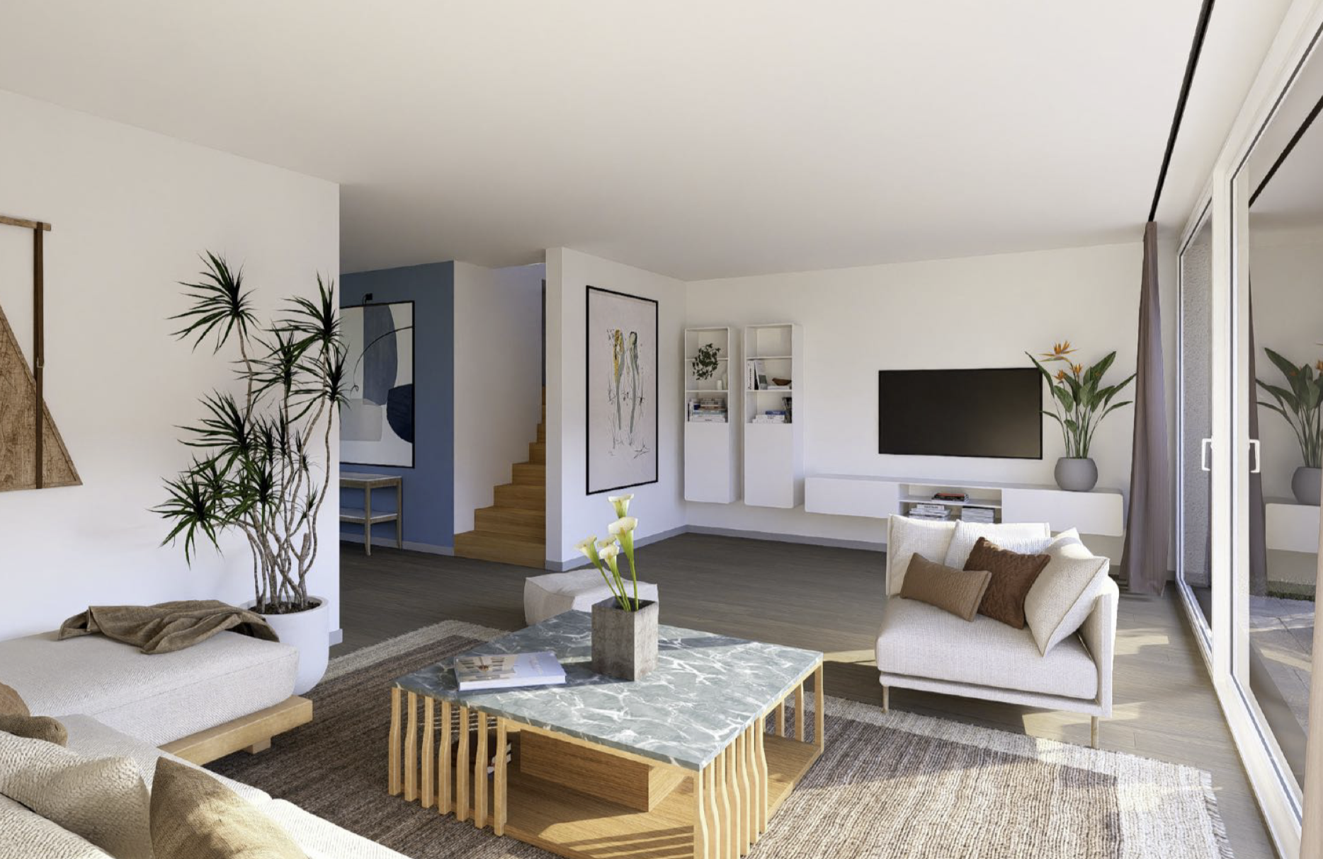 Modernes, helles Wohnzimmer mit bodentiefen Fenstern