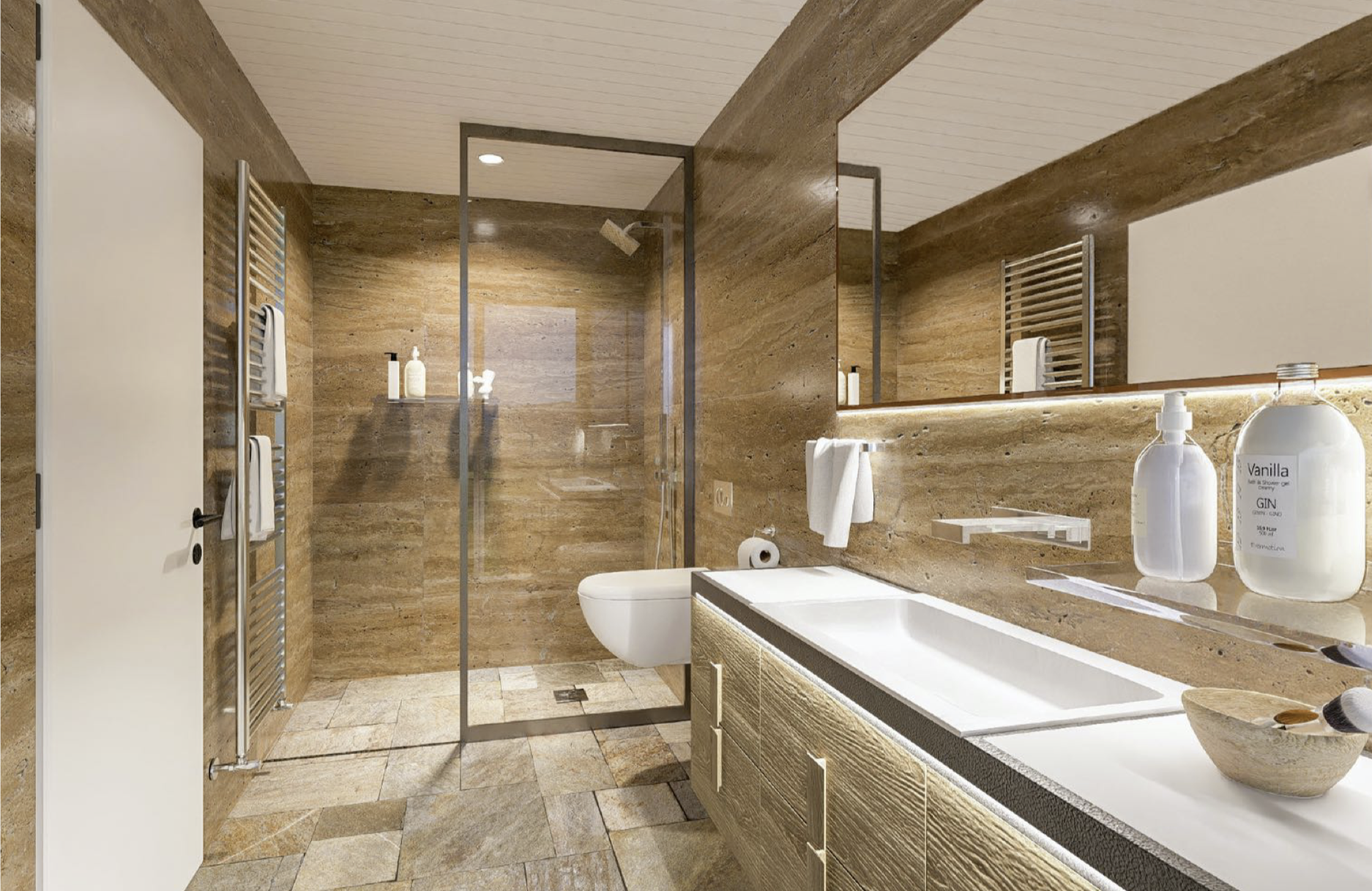 Modernes Badezimmer mit Naturstein und Walk-in-Dusche