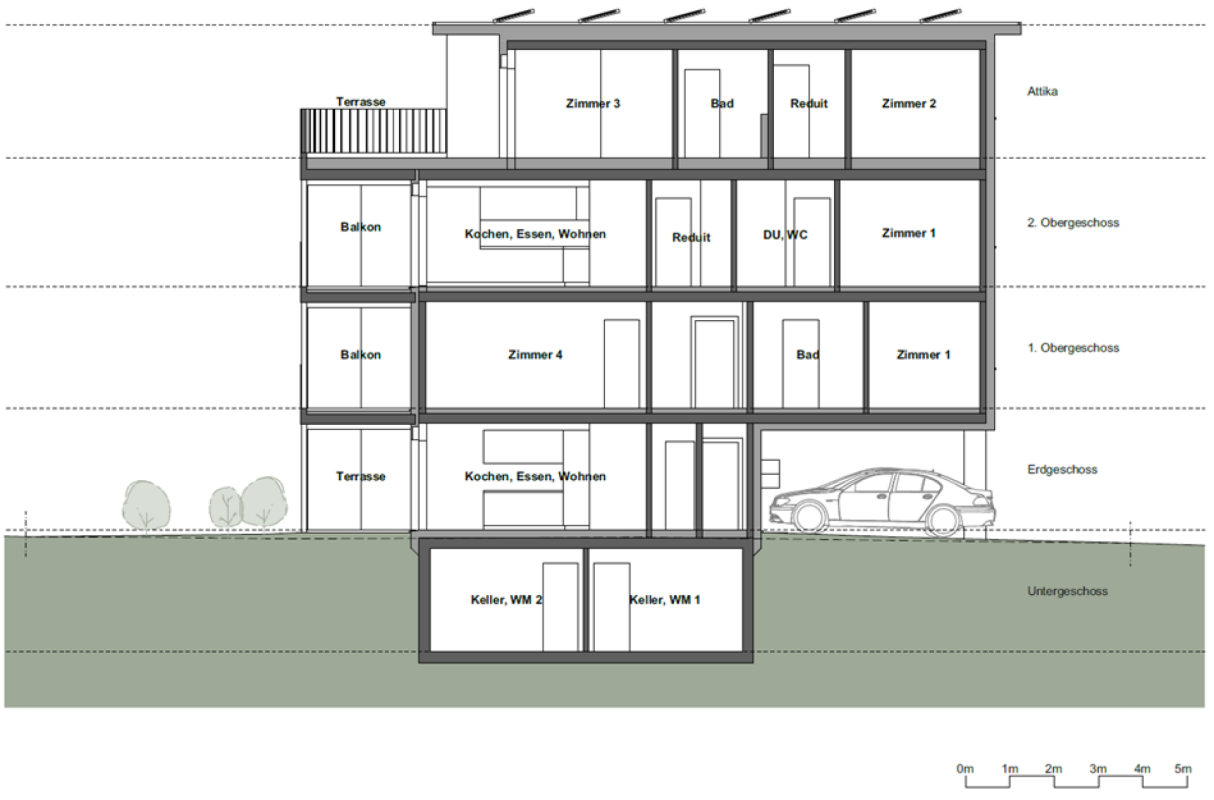 Architektur-Querschnitt eines Mehrfamilienhauses mit mehreren Ebenen