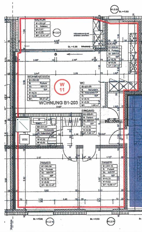 Wohnungsgrundriss mit markierter Einheit
