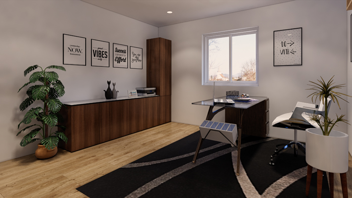 Modernes Homeoffice mit dunklen Holzmöbeln