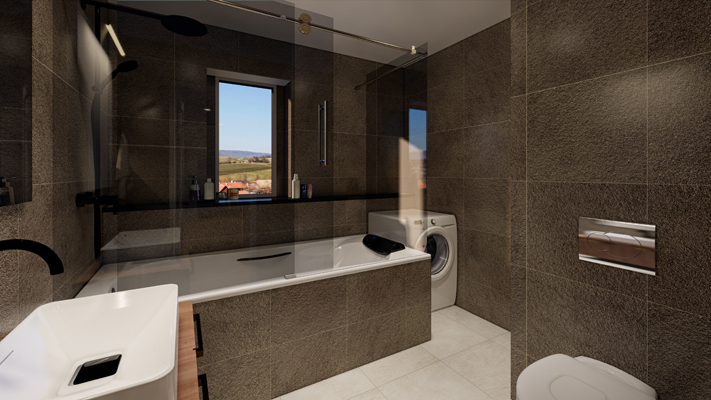 Modernes Badezimmer mit dunklen Fliesen